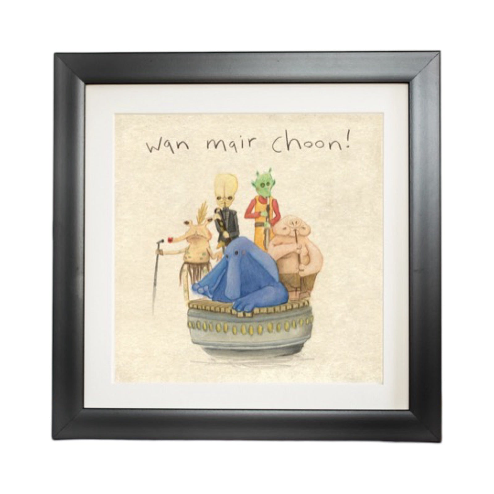 Square framed print featuring an illustration of the Max Rebo Band and friends from Star War.