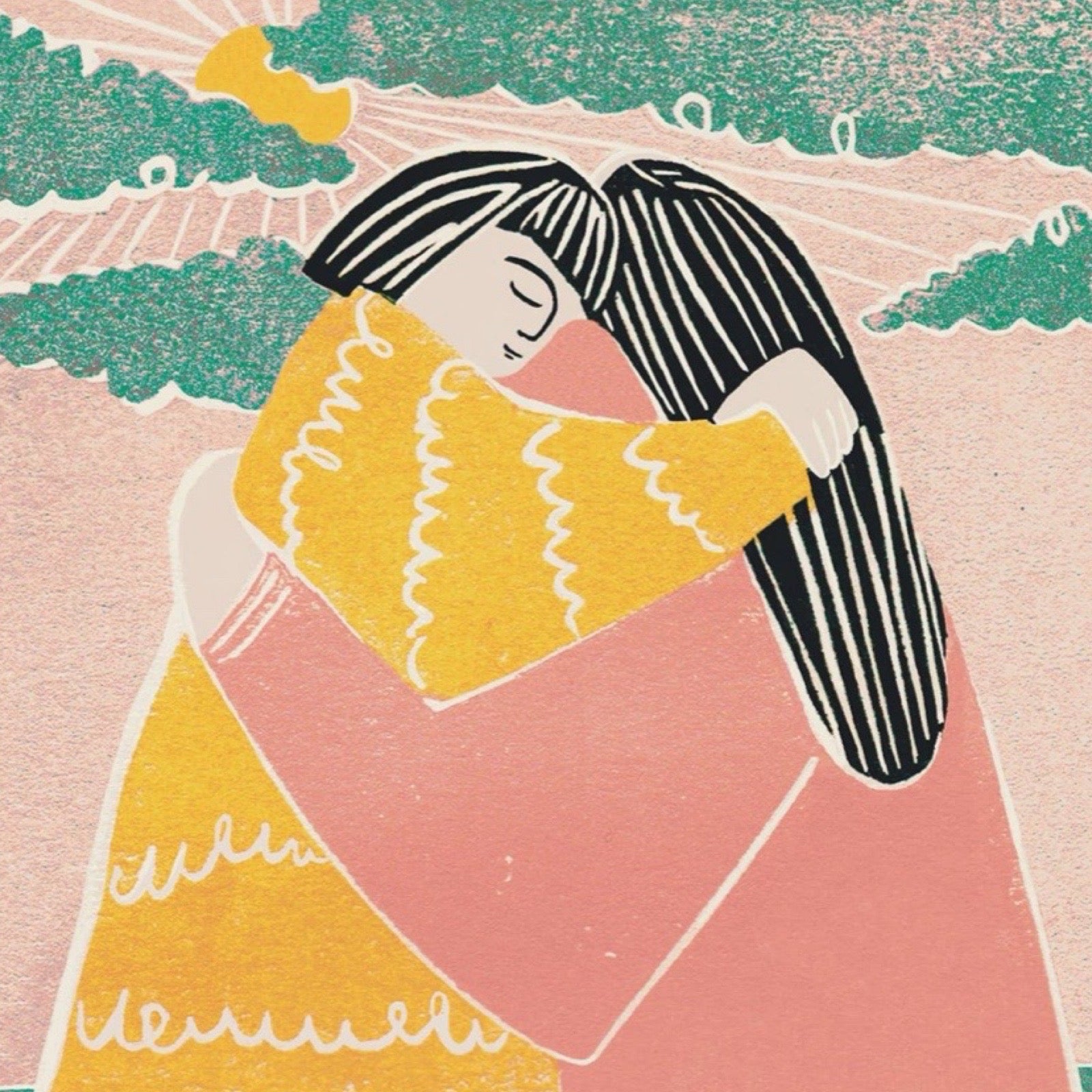 Illustration of a person in a yellow dress and black hair hugging someone in a pink top with black hair, against a sky background.