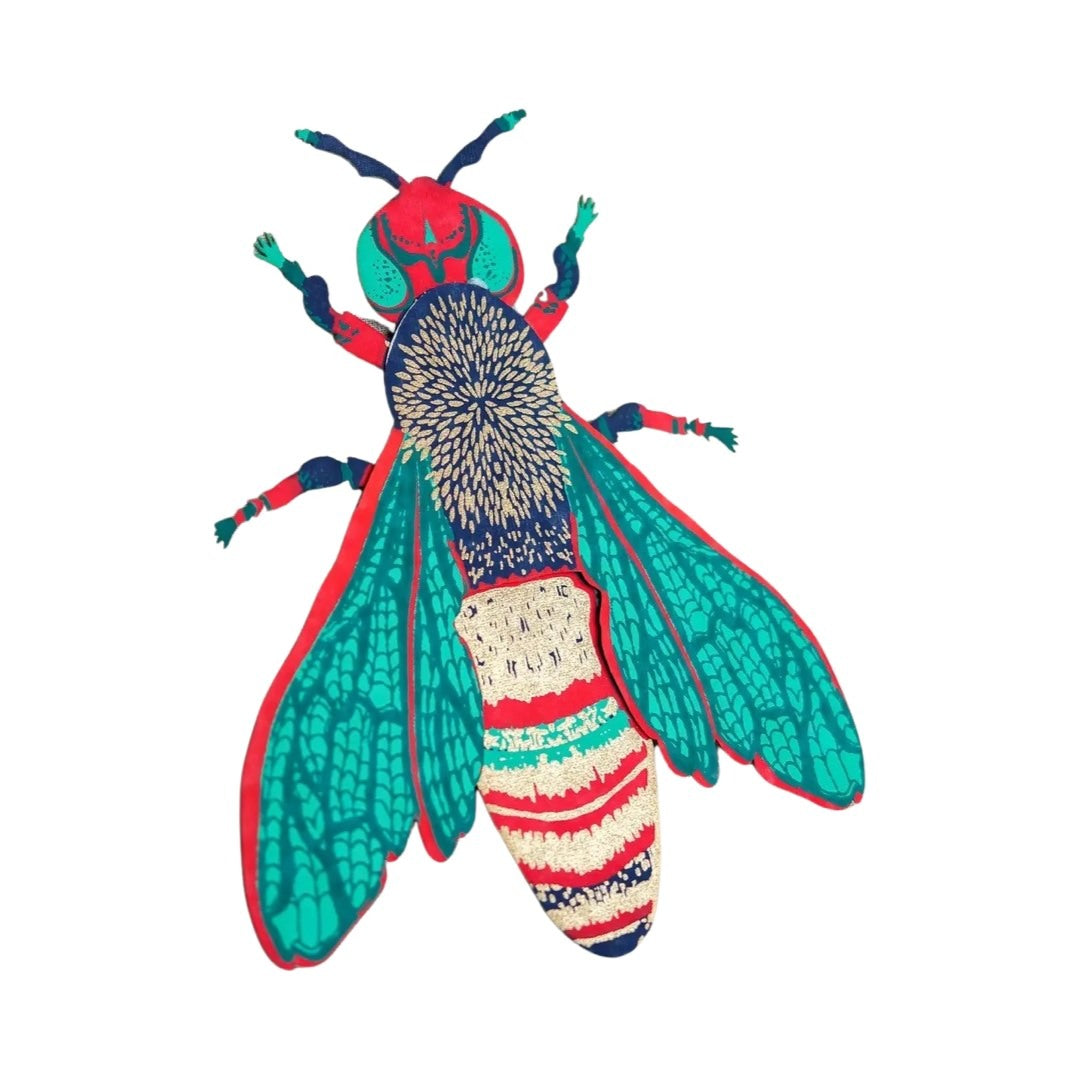 hand-printed wasp-shaped pop-up card in green, red and gold