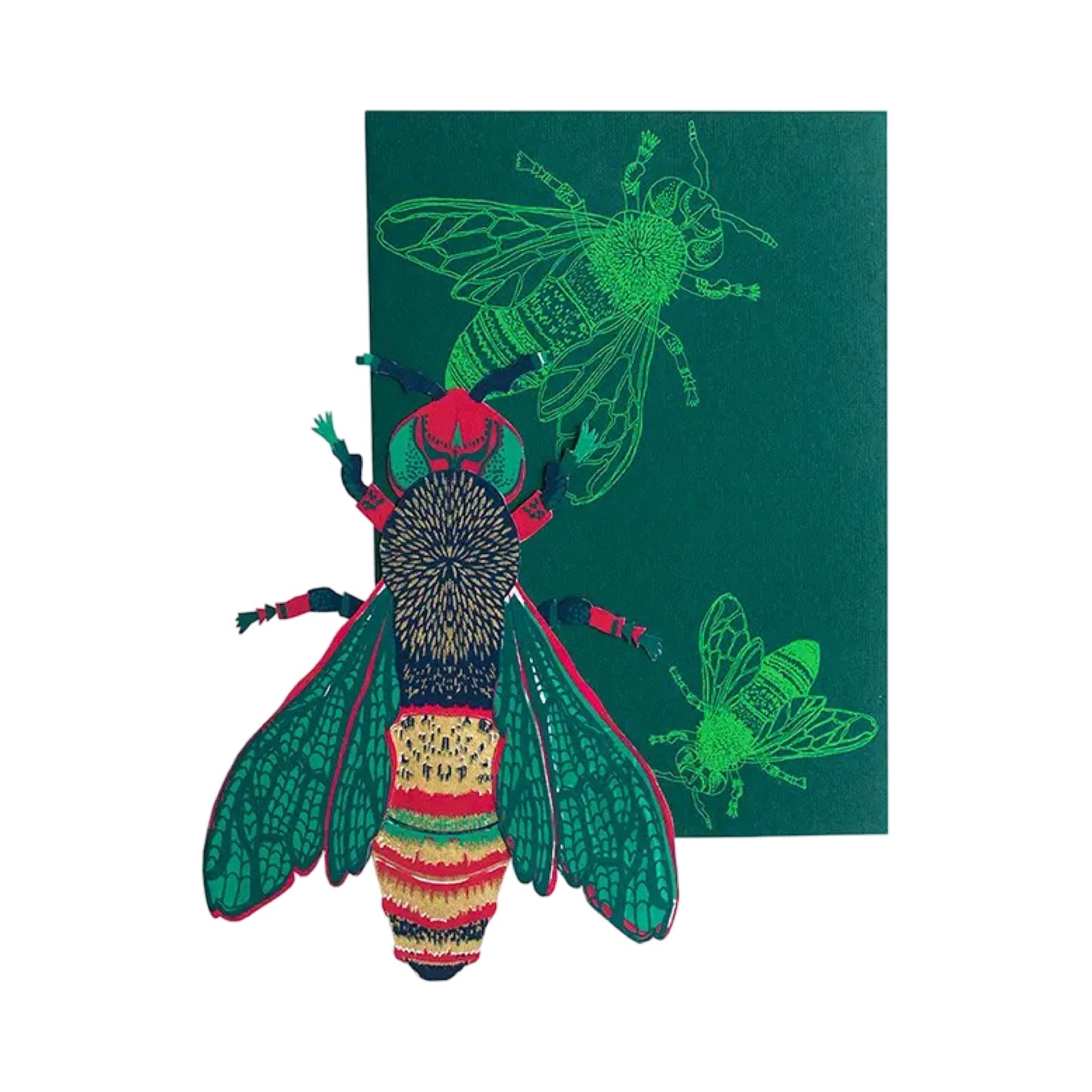 A hand-printed wasp-shaped pop-up card in green, red and gold with a green envelope.