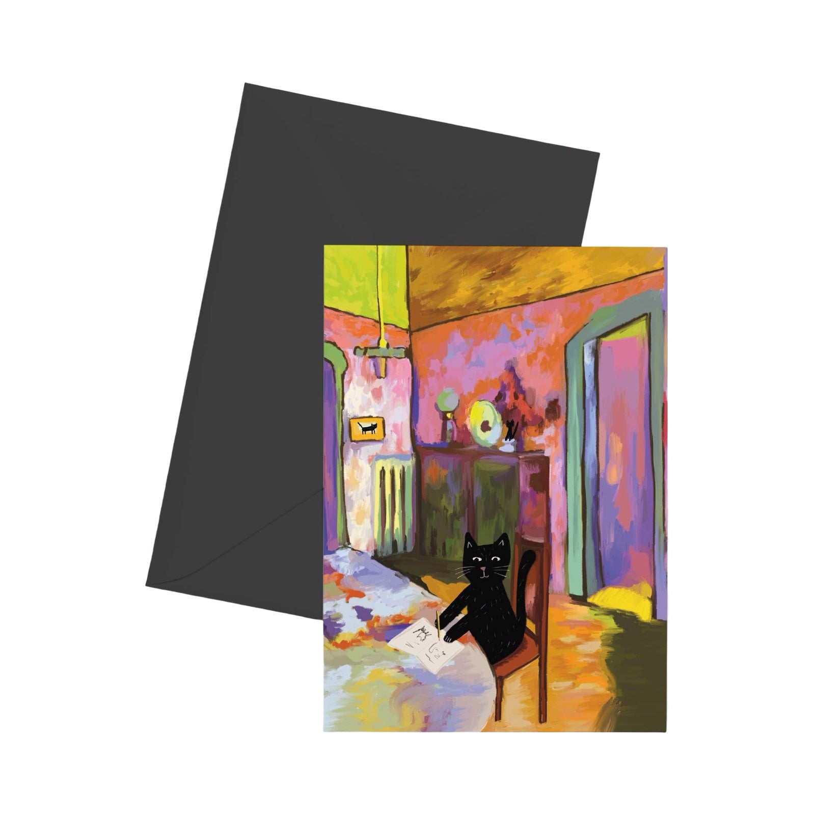 Cat art card featuring an illustration of a black cat in an artist's studio based on the artwork of the famous artist Wassily Kandinsky.
