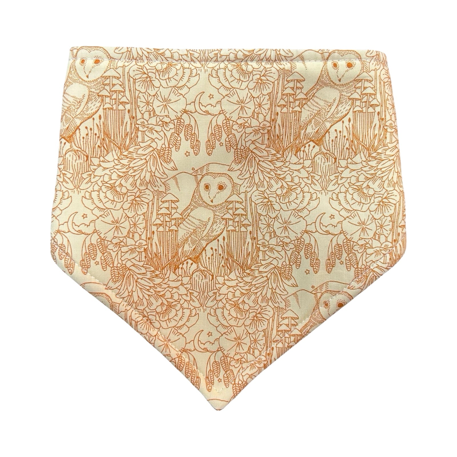 Patterned bandana with owl design on a beige background.