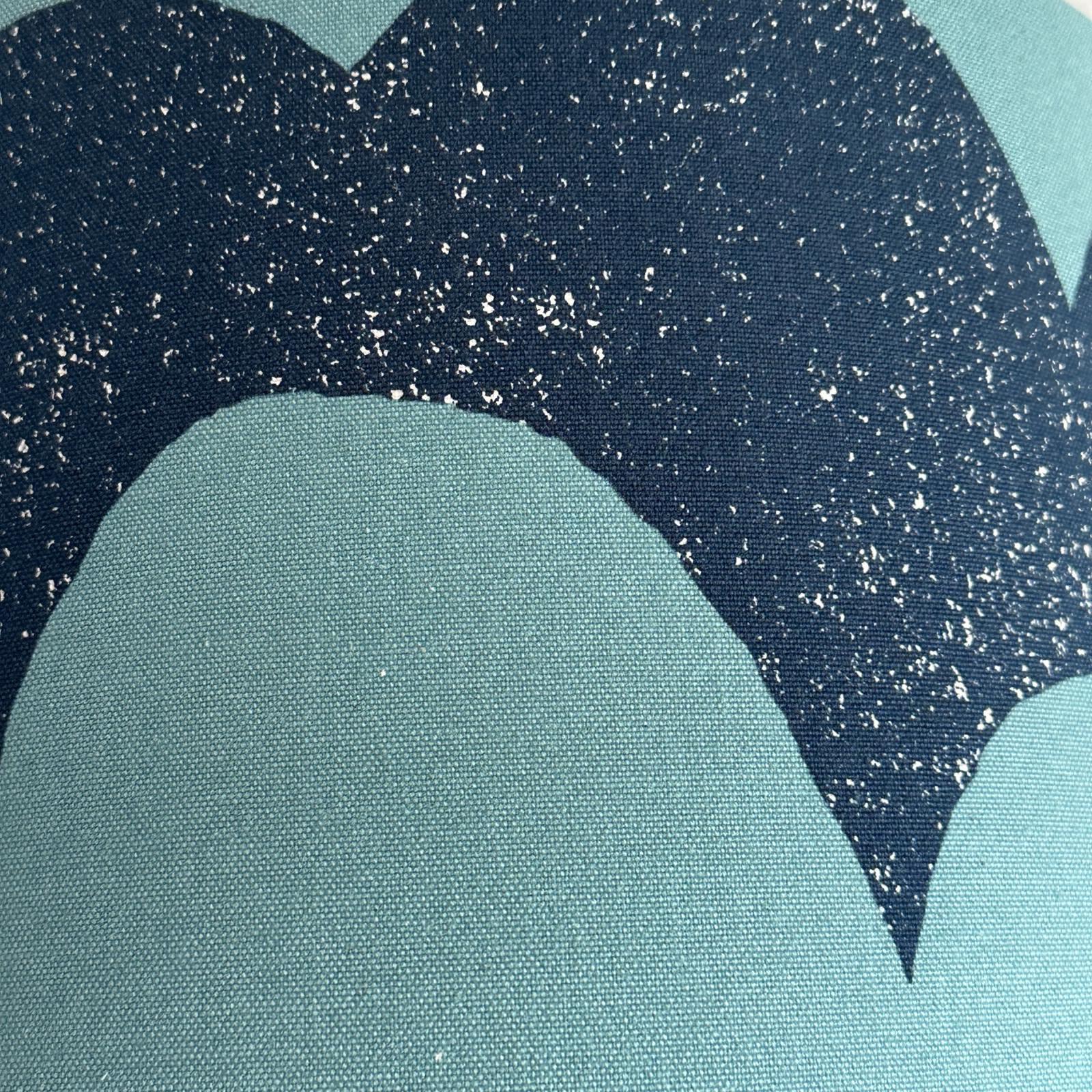 Navy and turquoise canvas fabric in a waves pattern.