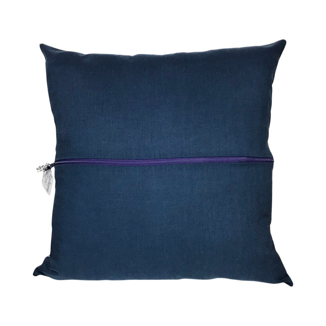 Back of cushion with a purple zip.