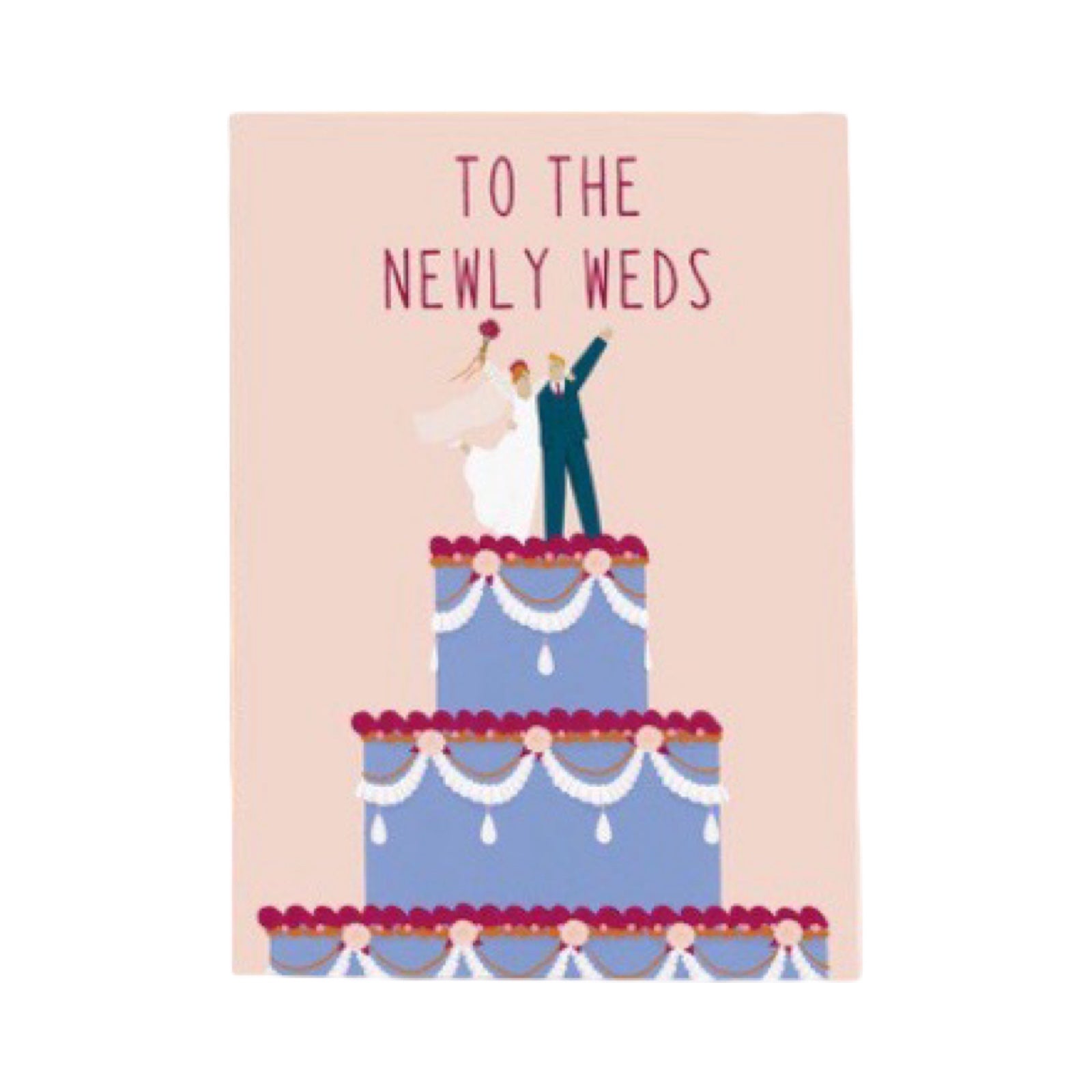 Wedding card with a cake and 'To the Newly Weds' text on a pink background.