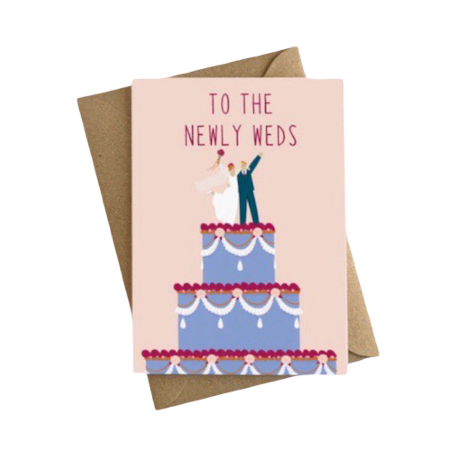 Greeting card with illustration of a wedding cake and 'To the Newly Weds' text, featuring a brown envelope.