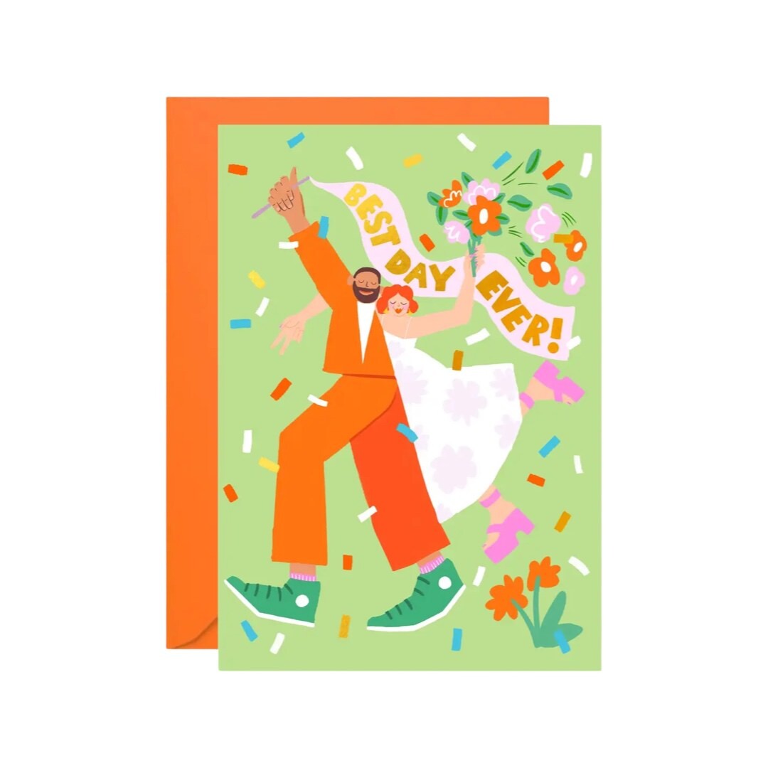 Wedding card featuring a bride (in a white dress with lilac flowers) and groom (in an orange suit) with a 'Best Day Ever' banner, on a green background with colourful confetti.