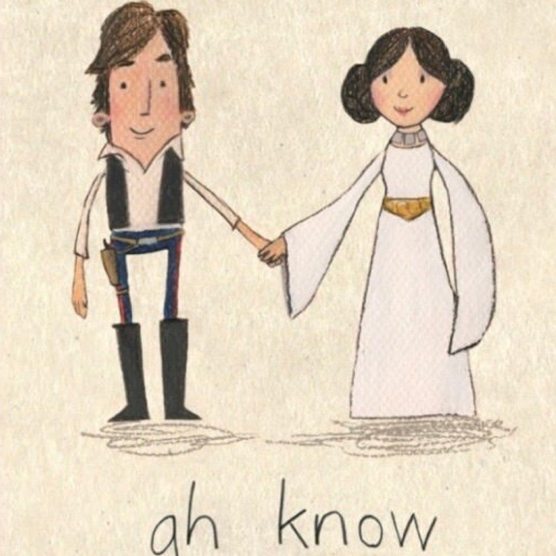 Illustration of a man and woman holding hands with text 'oh know' on a beige background.