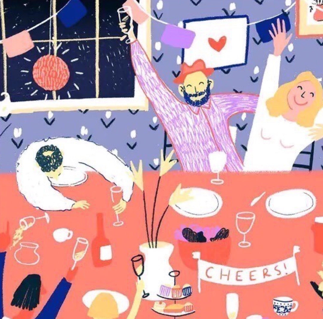 Illustration of people celebrating around a dinner table with 'Cheers!' banner and heart decorations.