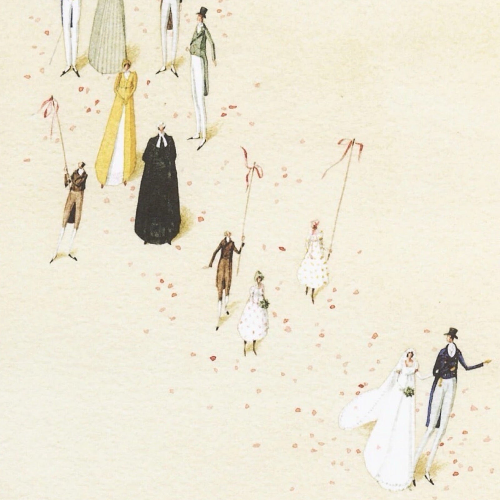Wedding card featuring an illustration of a wedding parade.