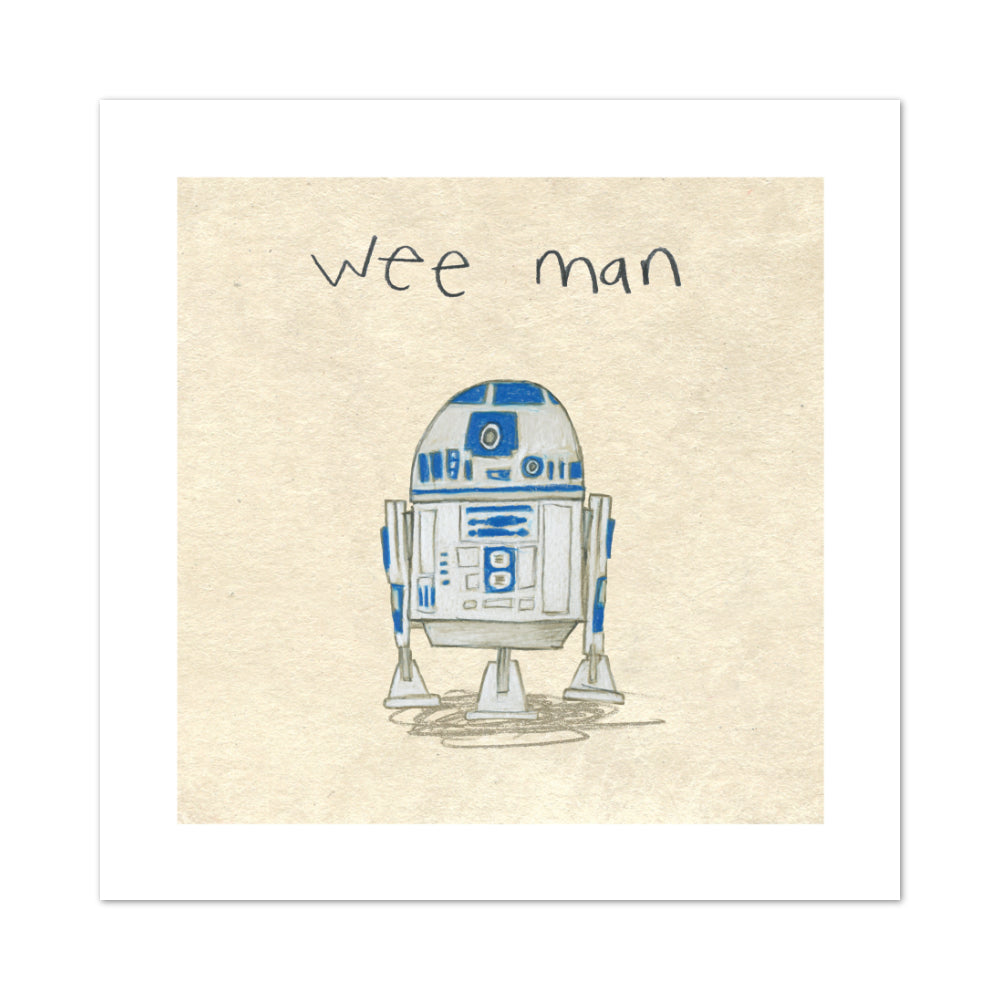 Wee man print featuring an illustration of R2D2, inspired by Star Wars.