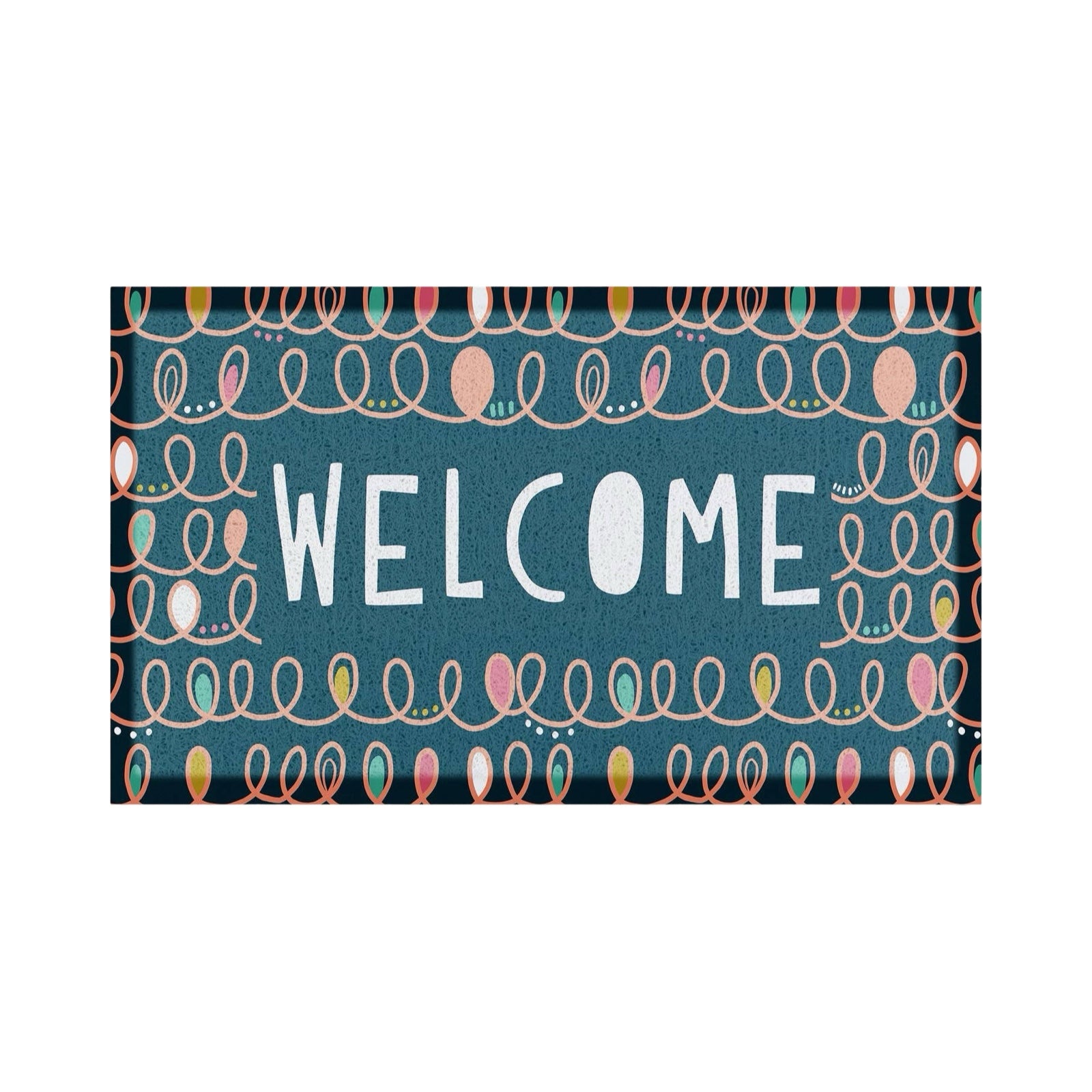 A rectangular doormat with a dark teal background, featuring the word 'WELCOME' in large white letters. The mat is decorated with a border of colorful string lights in pink, orange, yellow, and teal, and is shown against a plain white background.