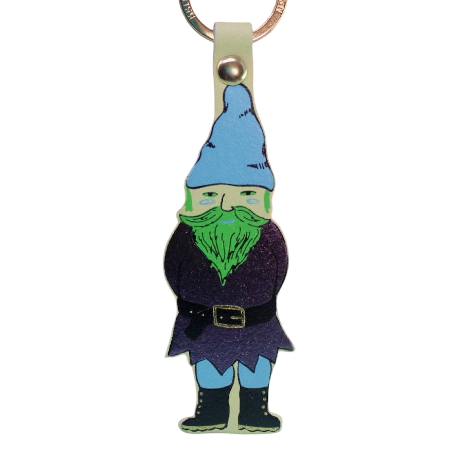 Keychain with a cartoon gnome character on a white background.