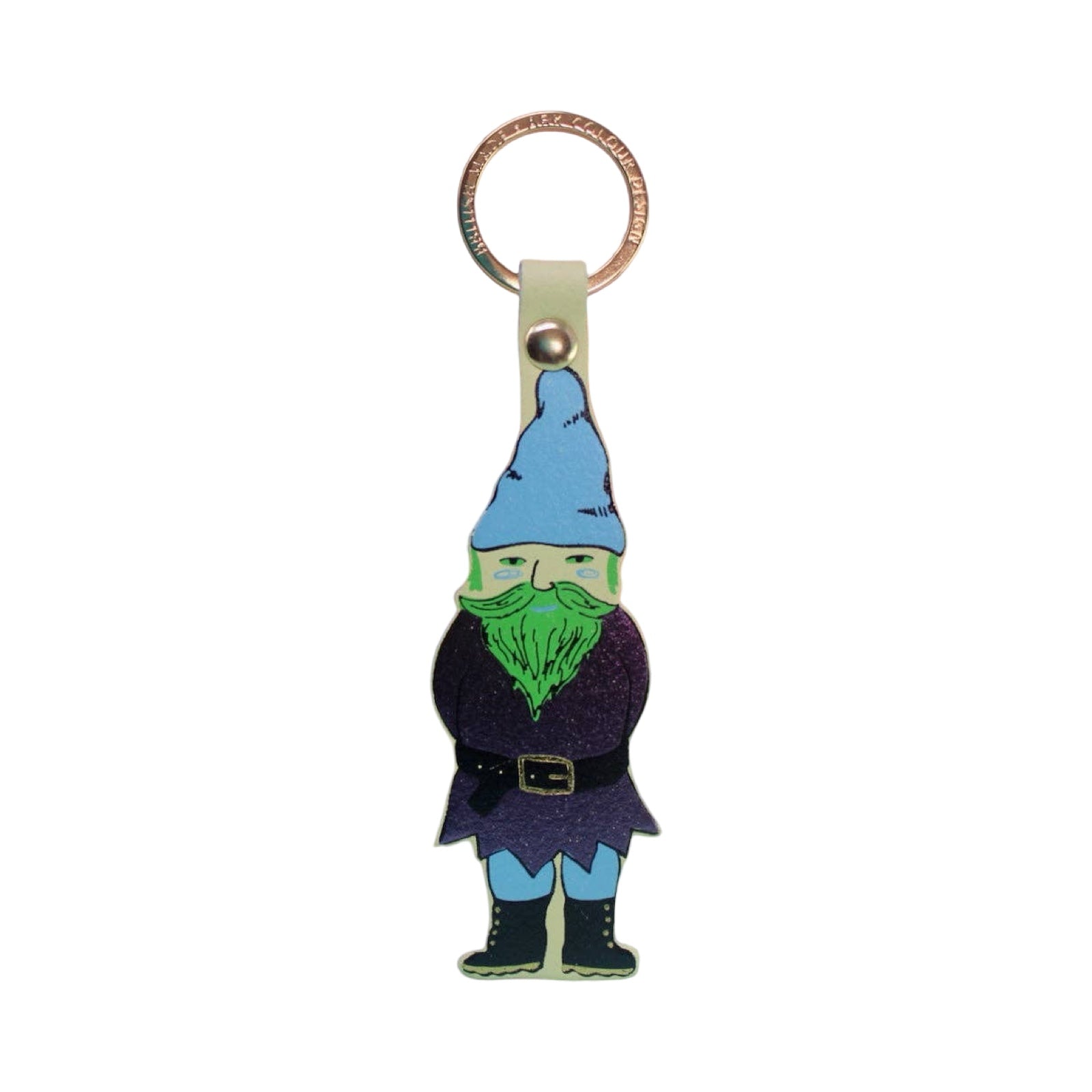 Keychain with a cartoon gnome character on a white background.