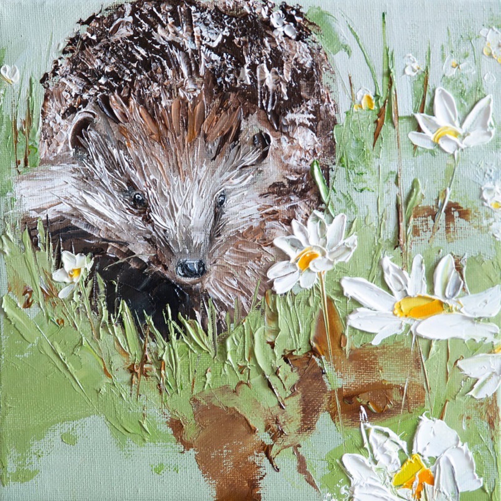 This square print features a hedgehog in a field of daisies.