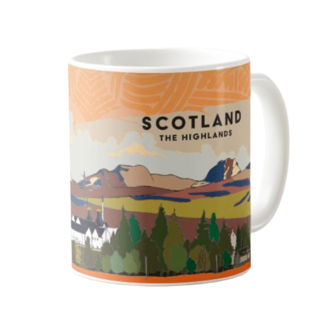 This mug features a panoramic artwork of he the village of Dalwhinnie in the heart of the highlands, with the distillery and mountains, Scotland