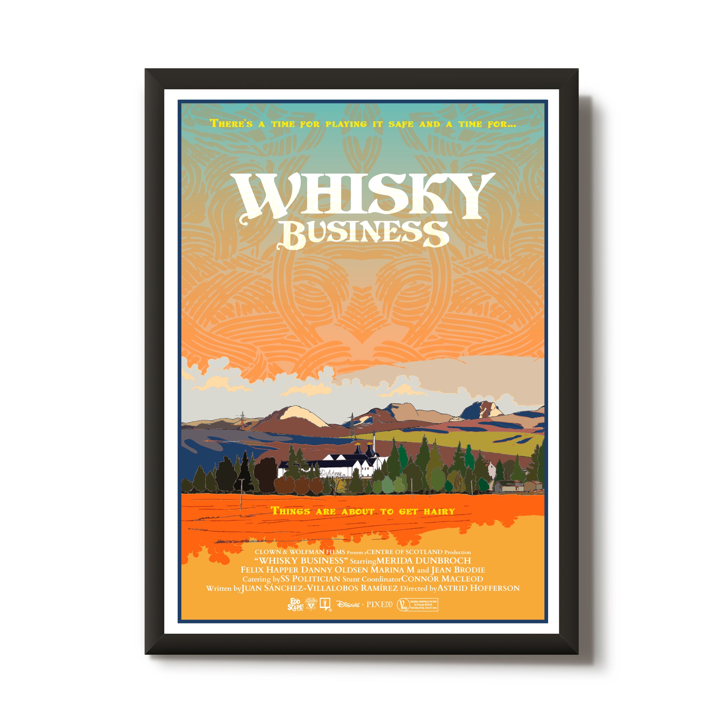 This print features a movie poster design of Dalwhinnie in the highlands of Scotland.