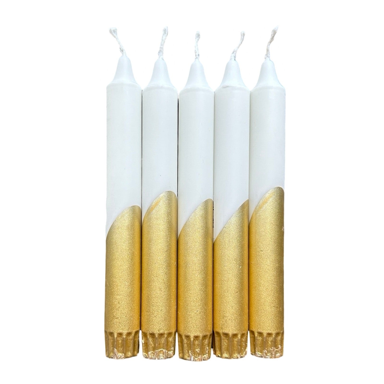 A row of 5 handmade dinner candle in white dipped in gold handcrafted from 100% stearin.