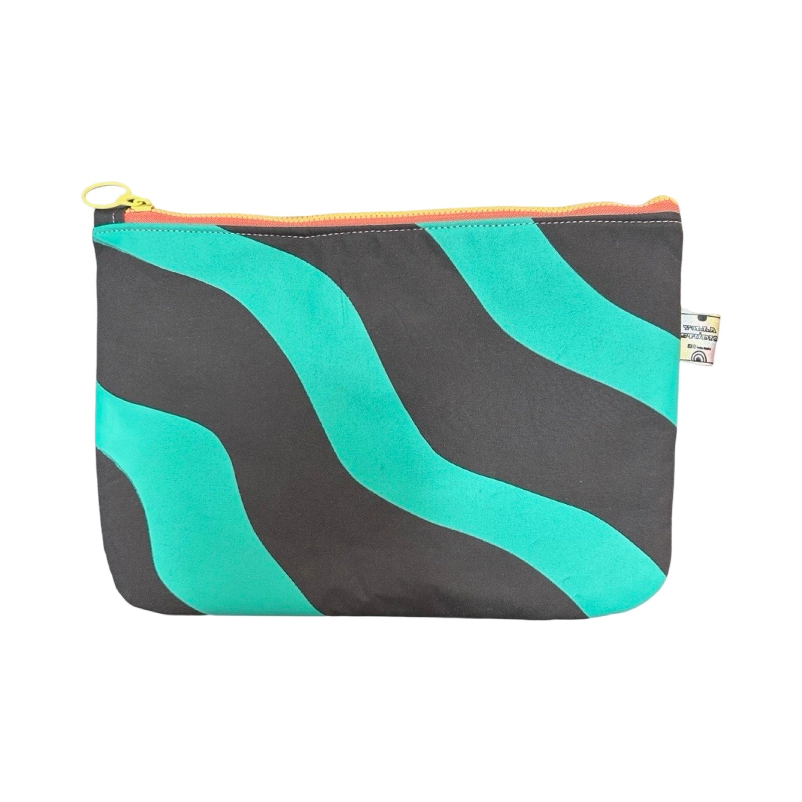 Turquoise and grey iPad case in a wiggle design.