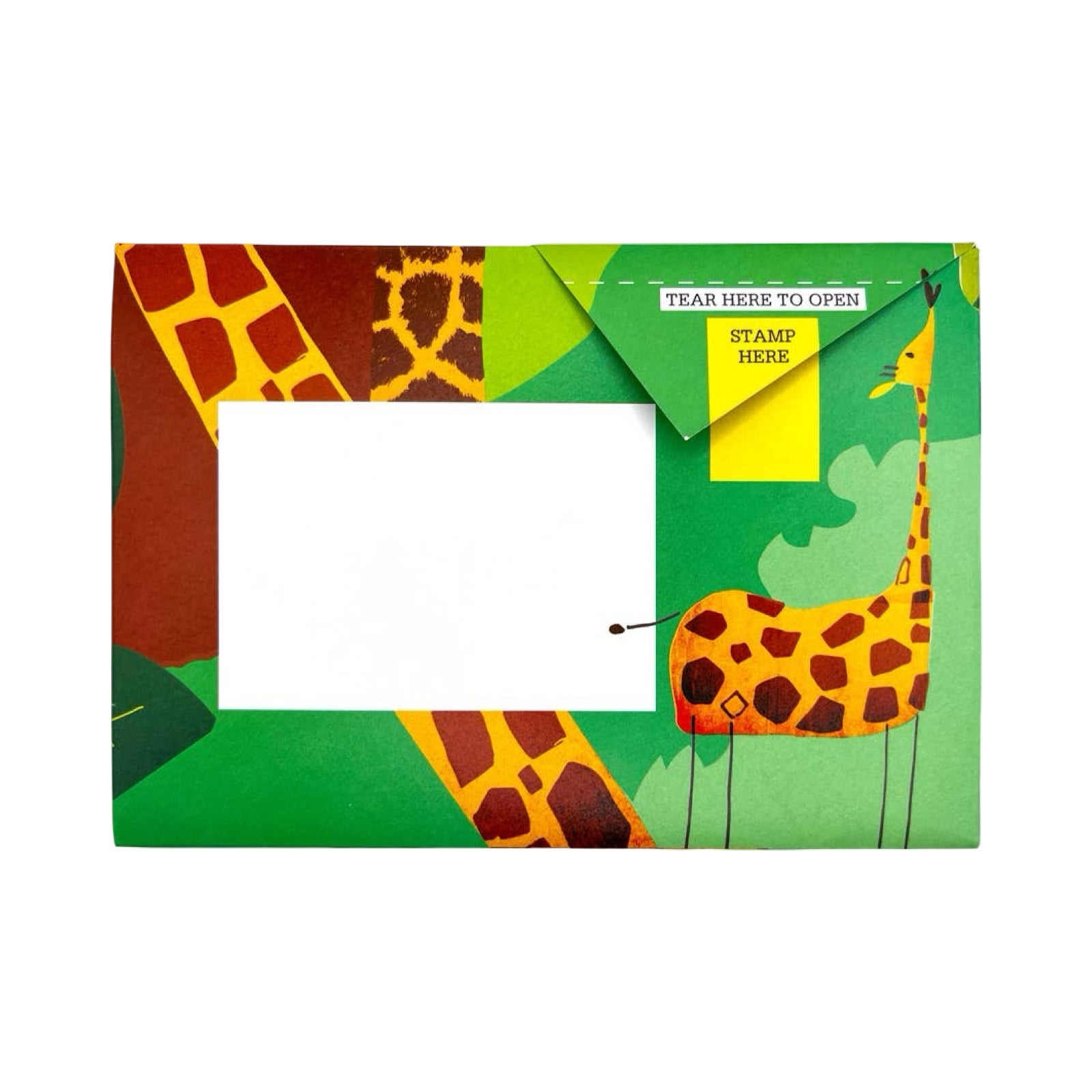 Coloured envelope with an illustration of a giraffe.