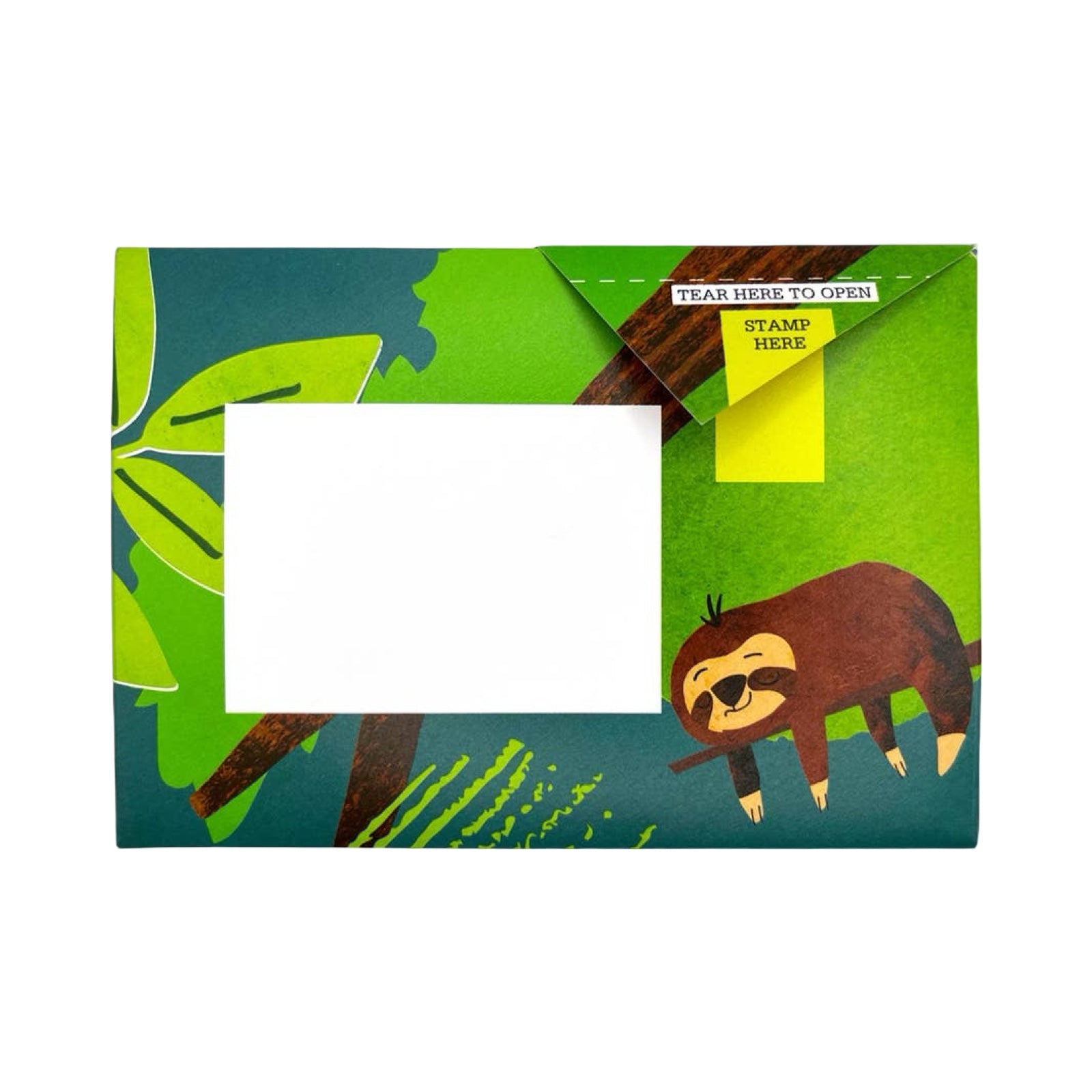Coloured envelope with an illustration of a sloth.