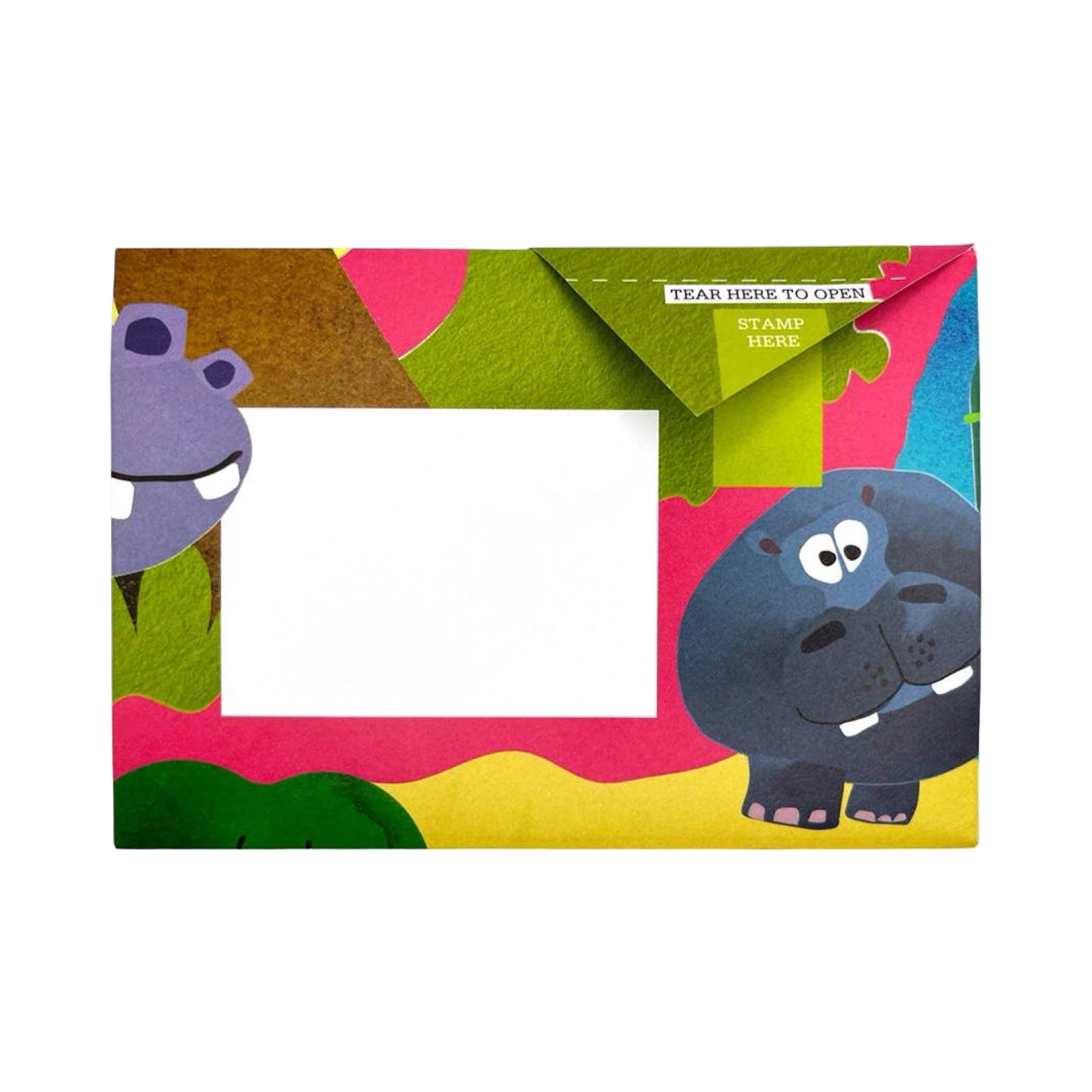 Coloured envelope with an illustration of a hippo.