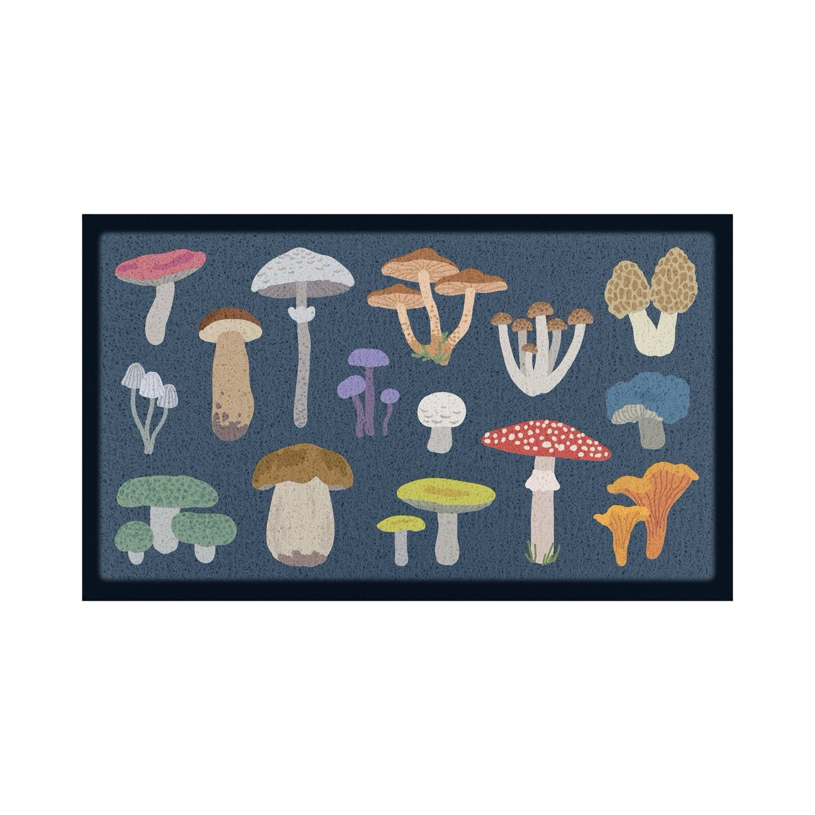 A rectangular doormat featuring a whimsical collection of illustrated mushrooms in various shapes, sizes, and colors on a dark blue-gray background with a black border, shown against a plain white background.