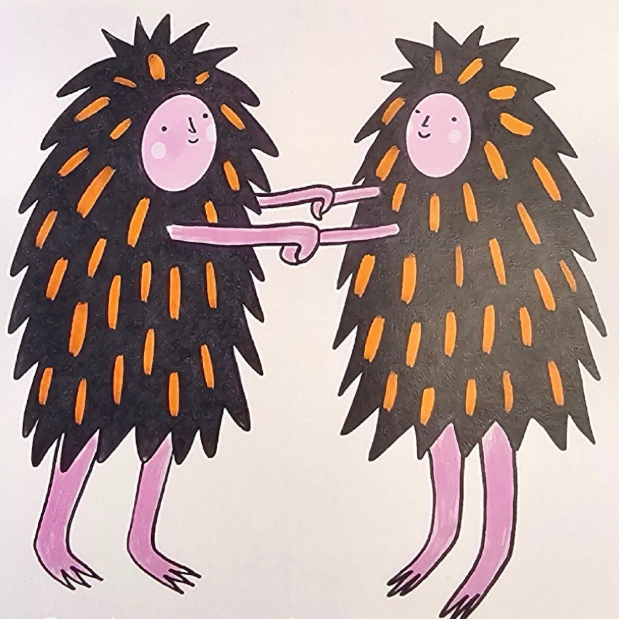 Card featuring two standing hedgehogs holding hands.