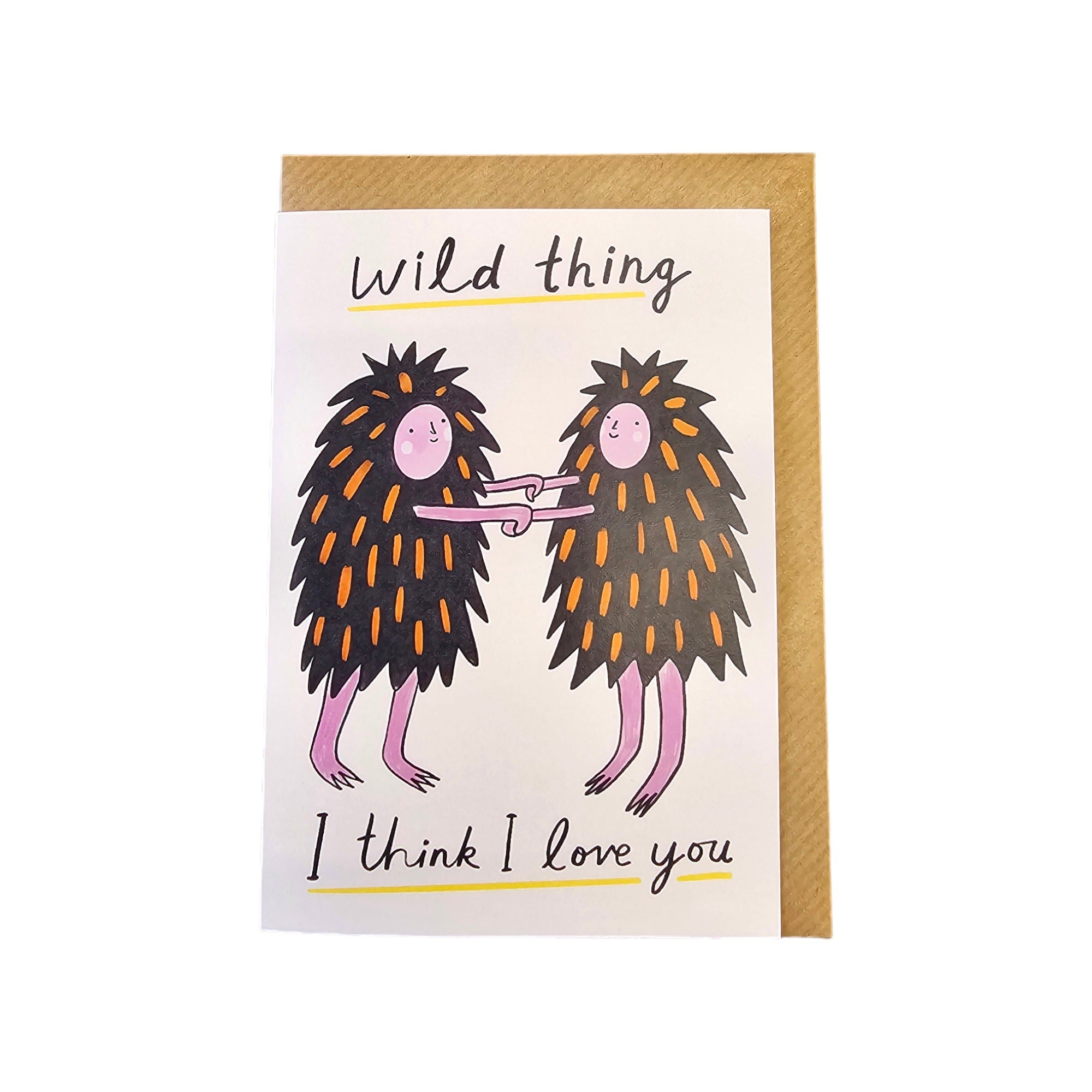 Card featuring two standing hedgehogs and the text 'wild thing I think I love you'.