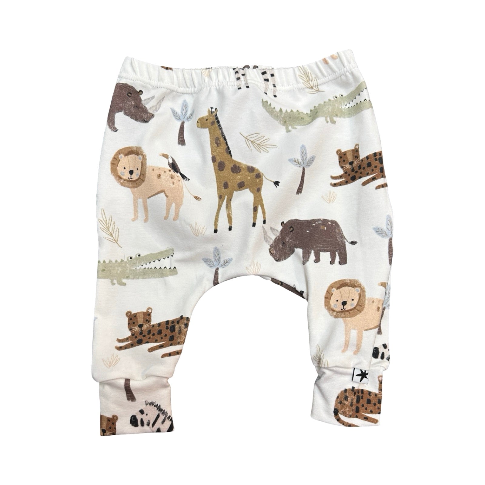 Baby leggings with animal pattern on a white background.