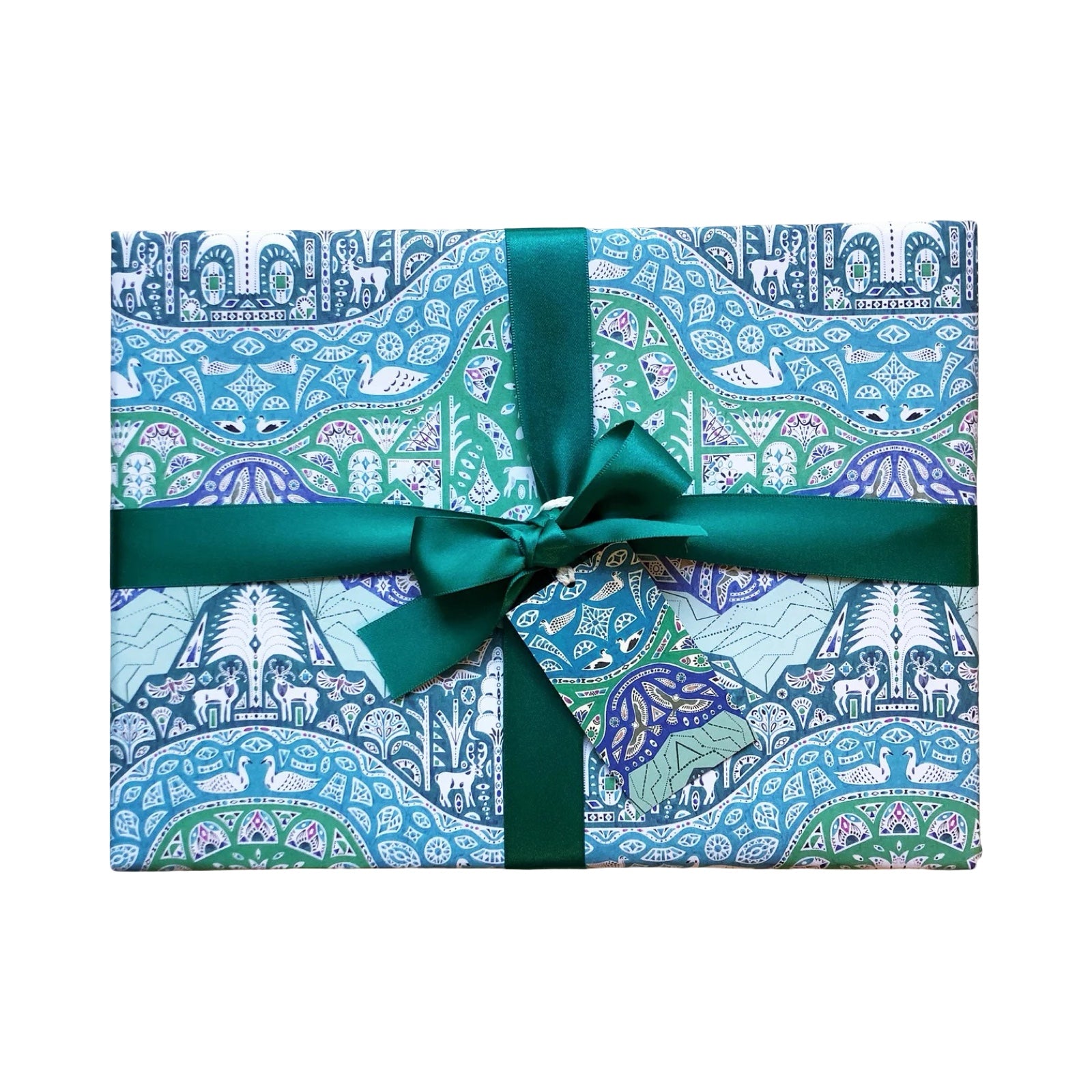 Gift box with blue and green pattern and green ribbon on a white background.