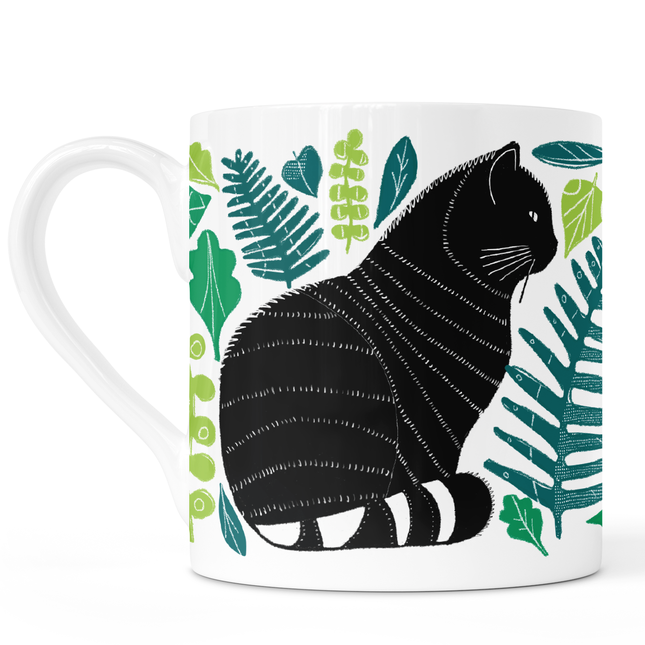 A white fine-bone china mug featuring an illustration of a black and white wildcat surrounded by green leaves.