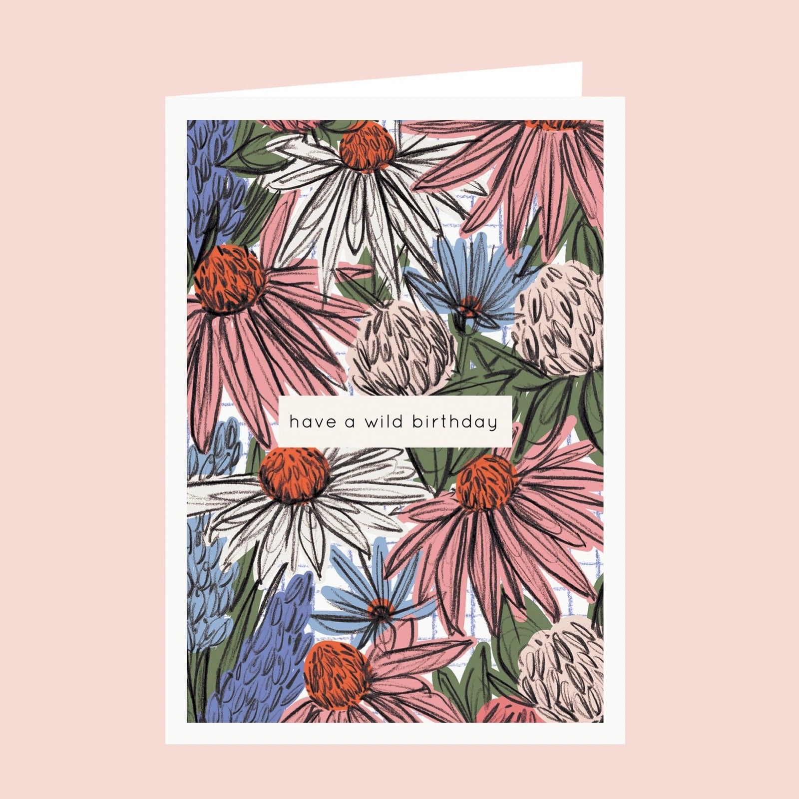 Greeting card with floral design and 'have a wild birthday' text on a pink background.