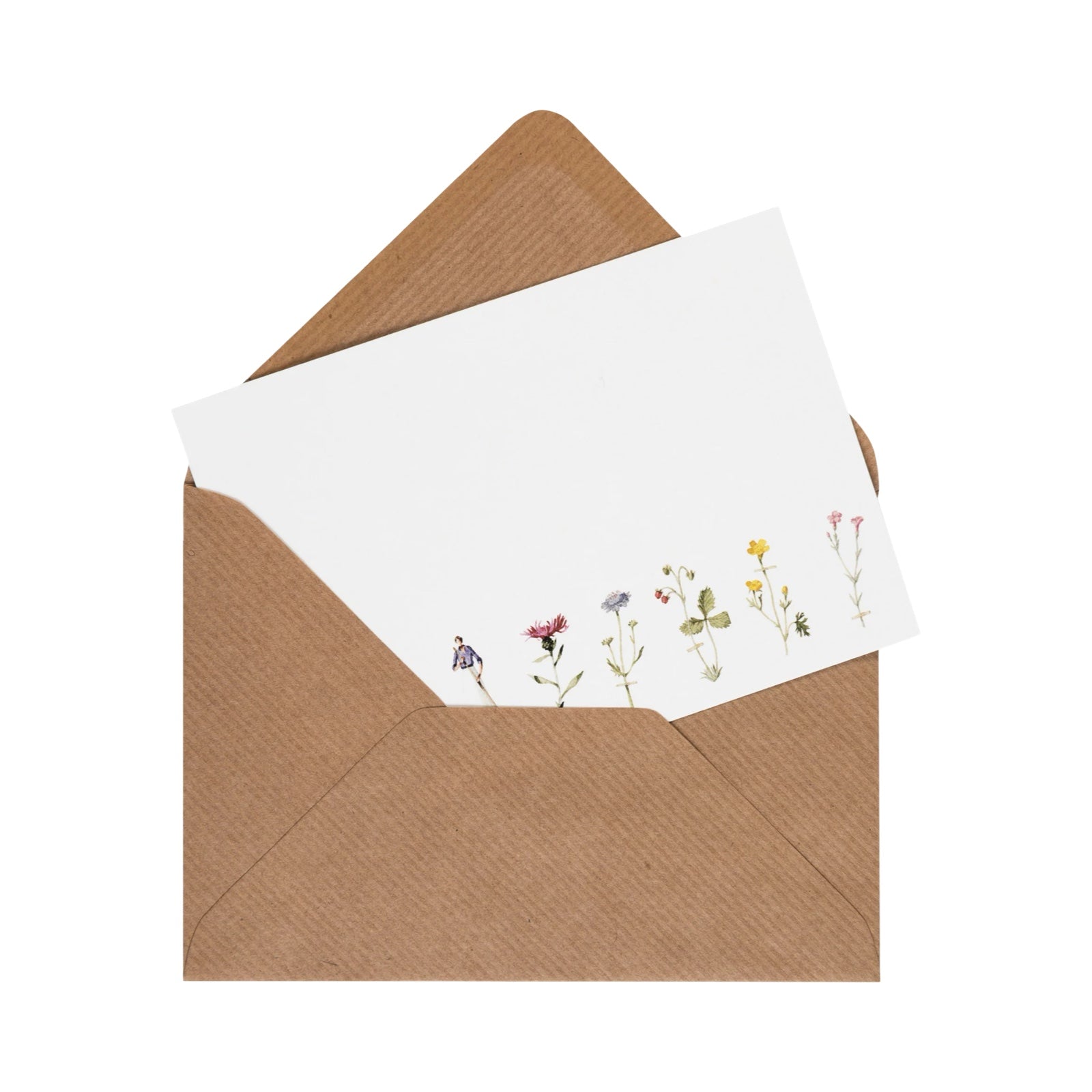 Brown envelope with a white card featuring floral design on a white background.