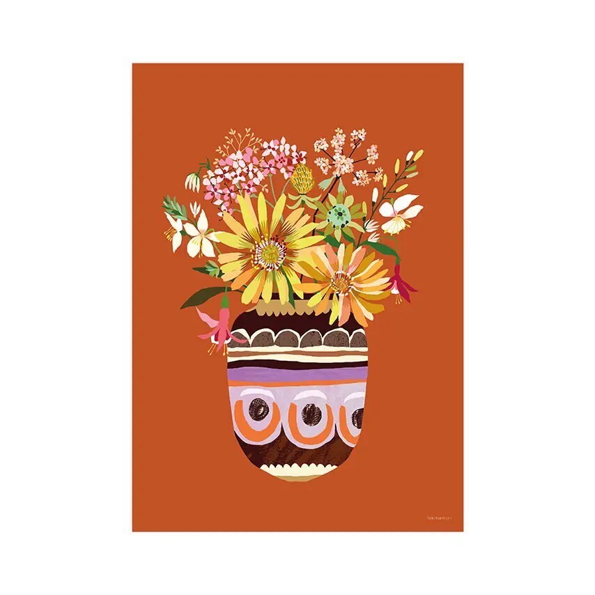 Print of a gorgeous bunch of yellow, pink and white wildflowers in a purple, brown and orange jug, all on a deep orange background.