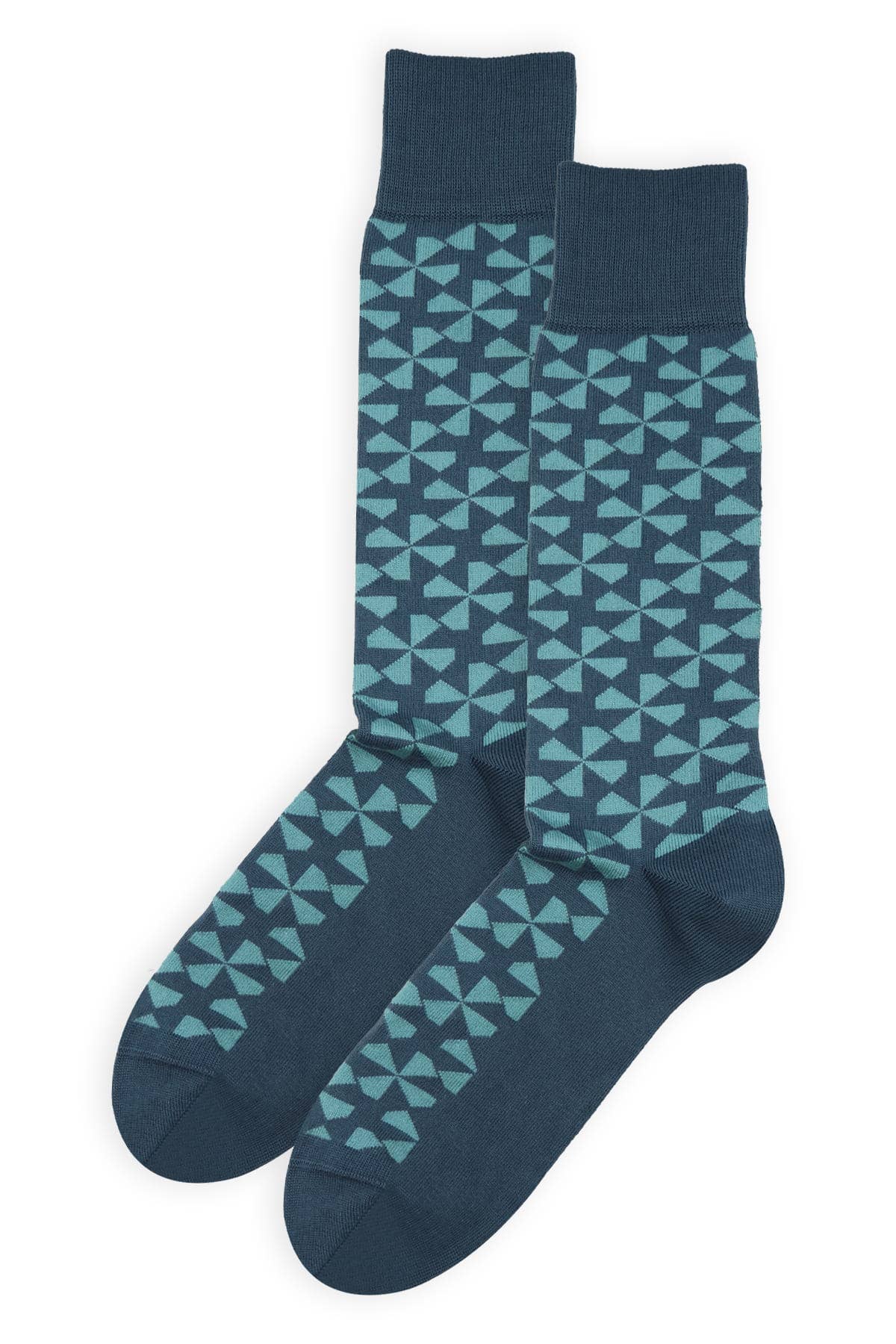 Pair of blue socks with geometric pattern on a white background.