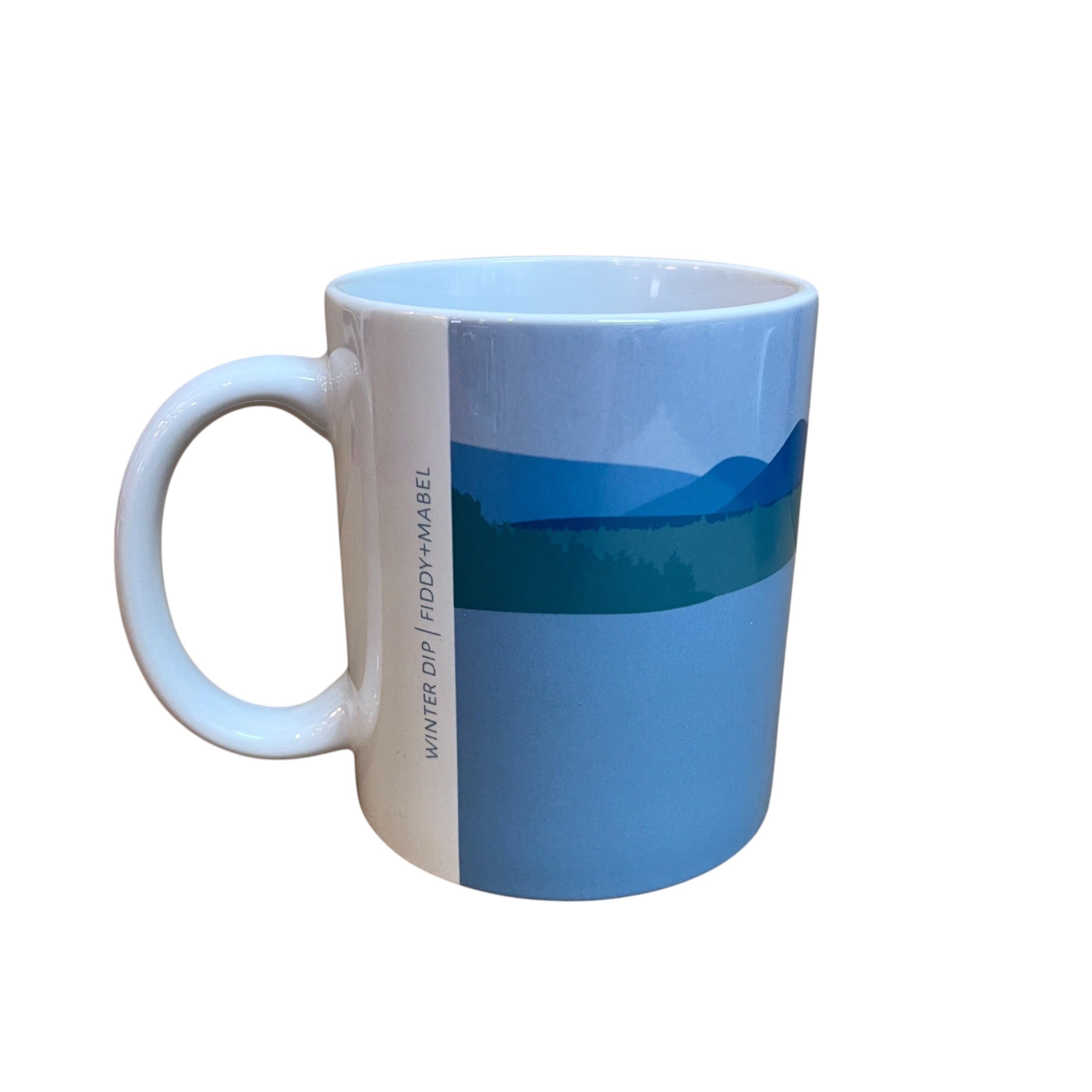 Mug featuring a male wild swimmer wearing a woolly hat up to his thighs in the water. Perfect for wild swimming fans. This mug holds 10oz and is dishwasher safe.
