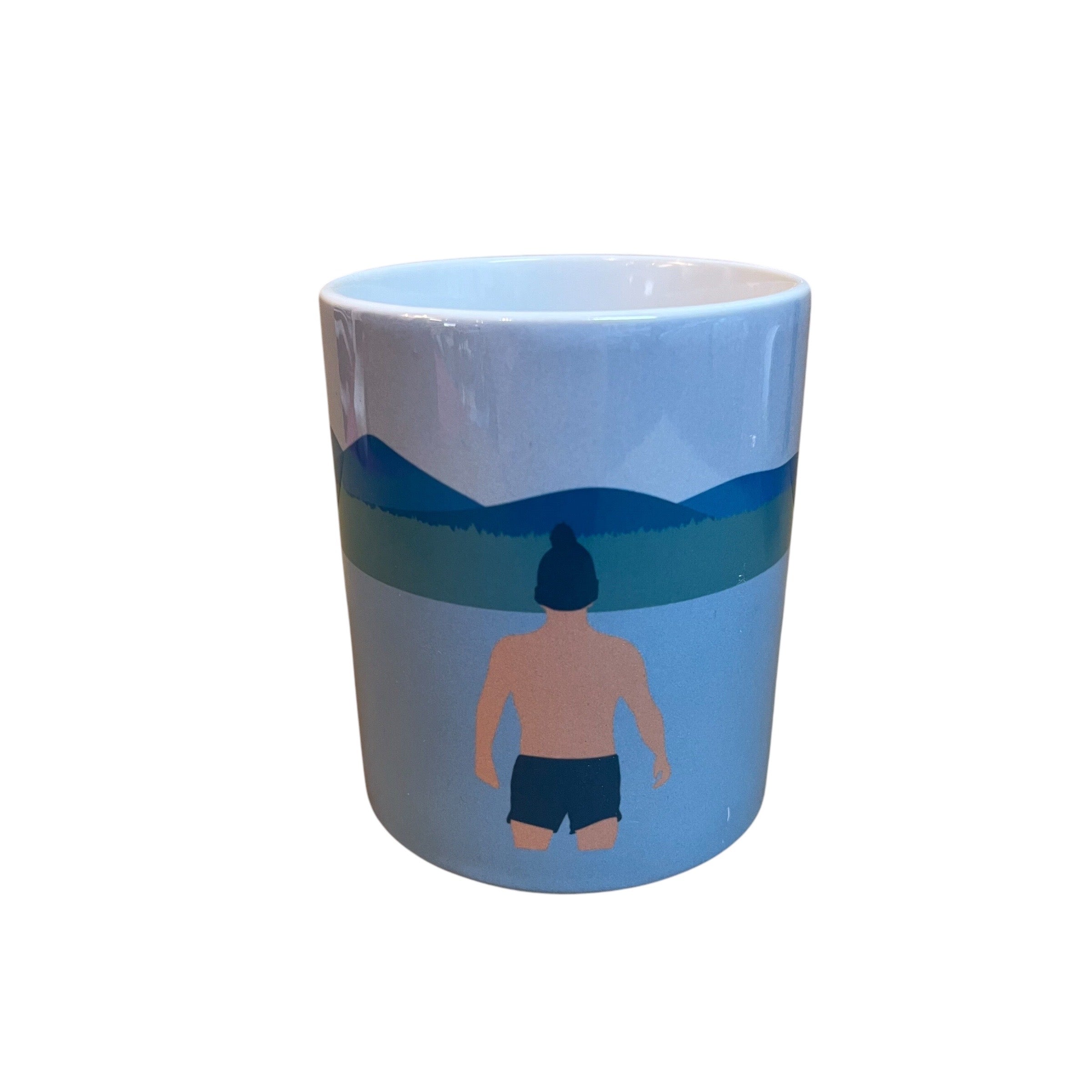 Mug featuring a male wild swimmer wearing a woolly hat up to his thighs in the water. Perfect for wild swimming fans. This mug holds 10oz and is dishwasher safe.