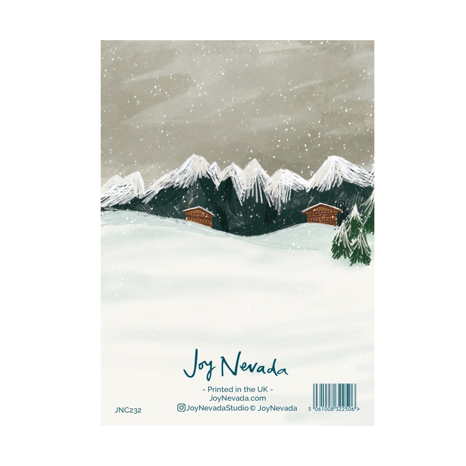 The back of a Christmas card with a snowy mountain scene and 'Joy Nevada' branding.
