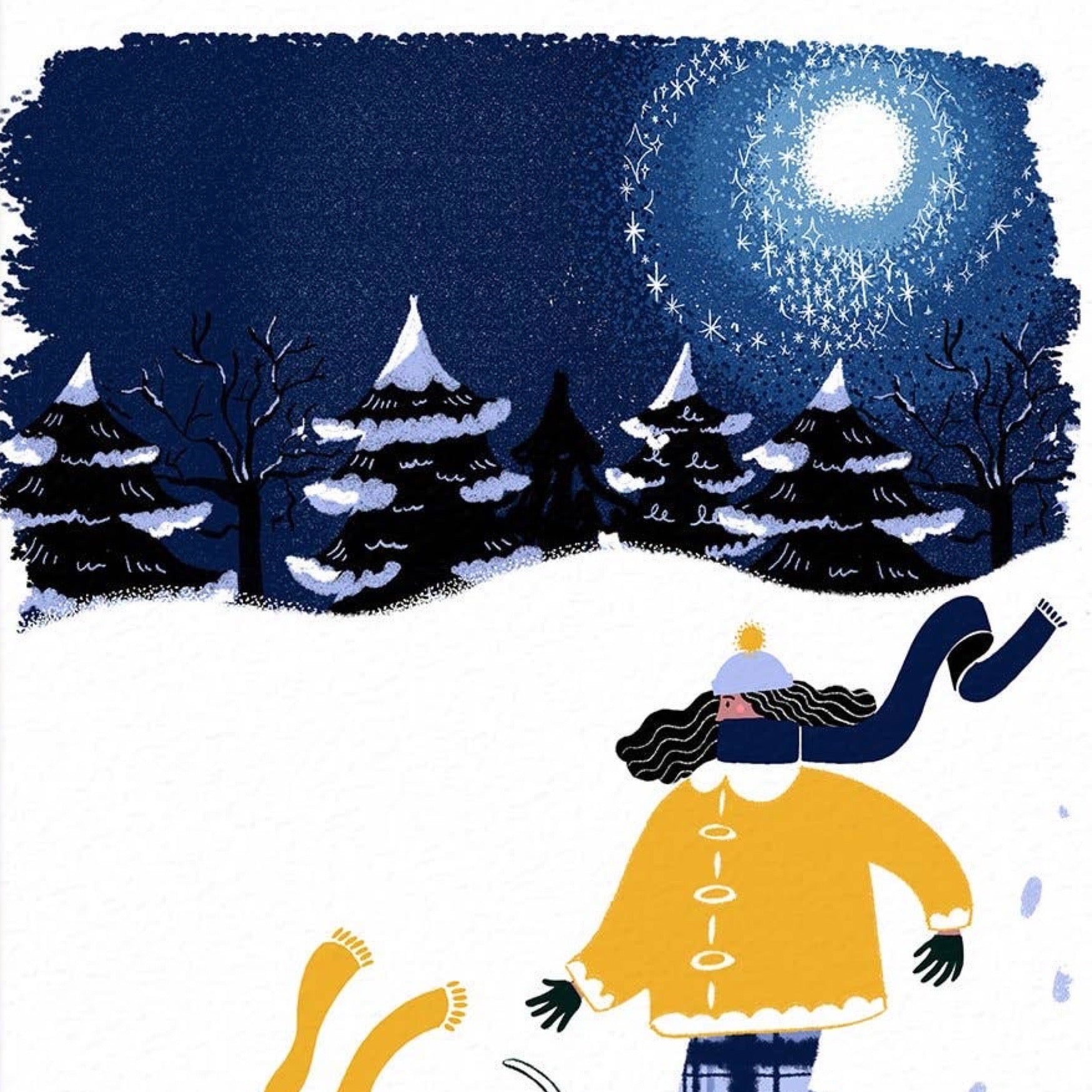 A whimsical winter illustration showing a person in a yellow coat and blue hat standing in snow beneath a bright full moon and dark pine trees.