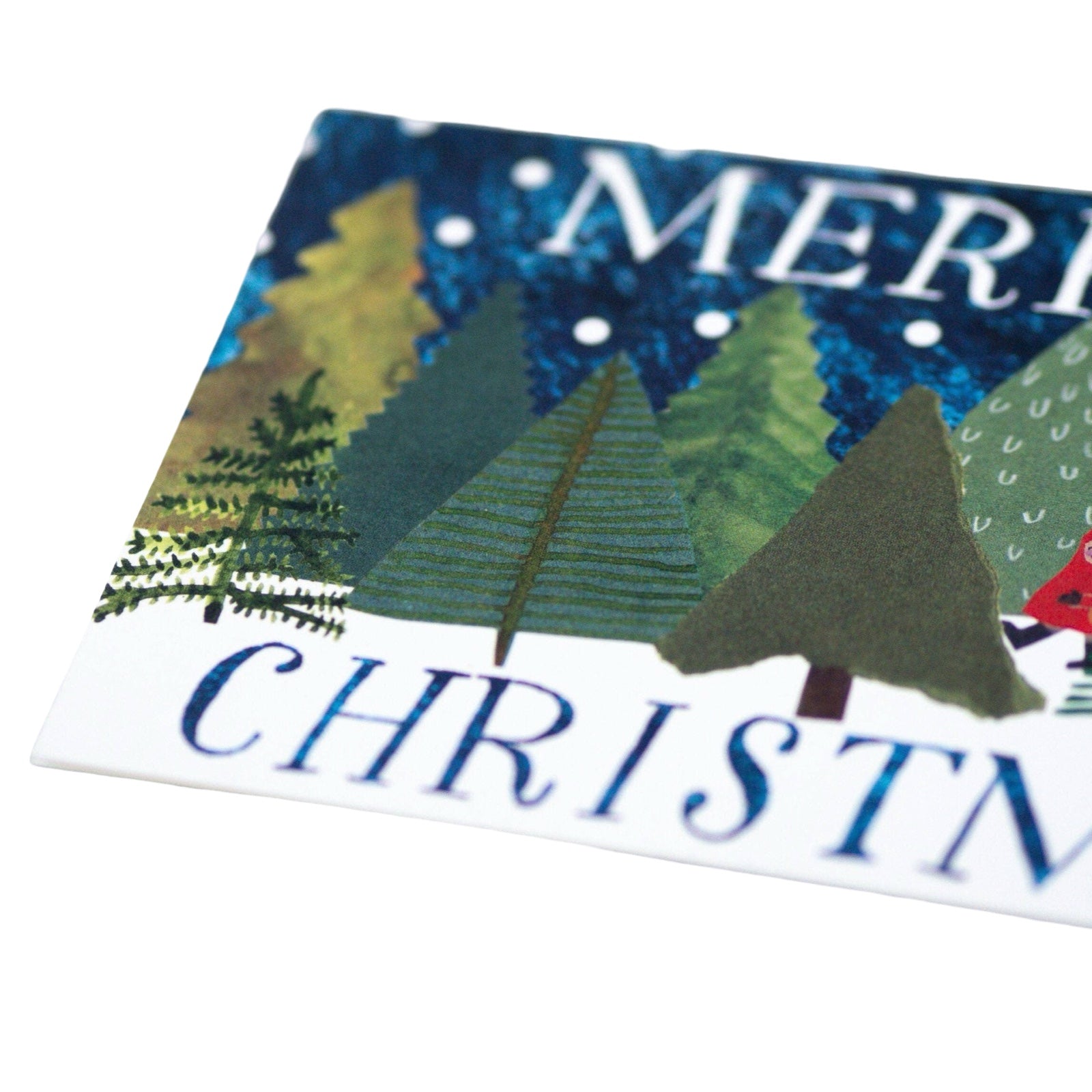 Christmas-themed card with trees and 'Merry Christmas' text on a white background.
