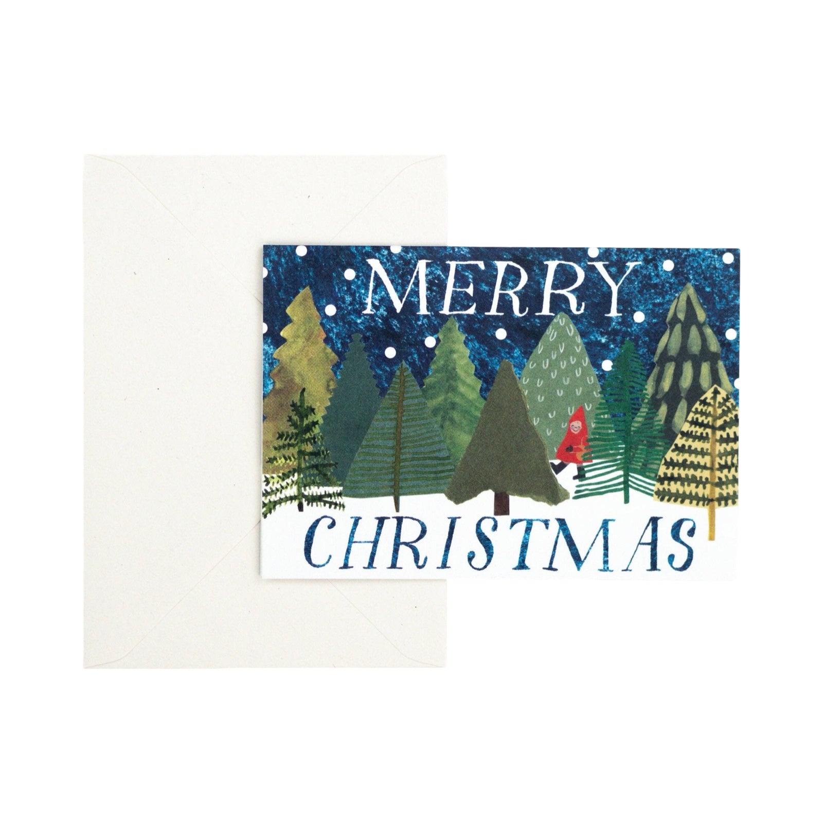 Christmas card with trees and 'Merry Christmas' text on a blue and white background.
