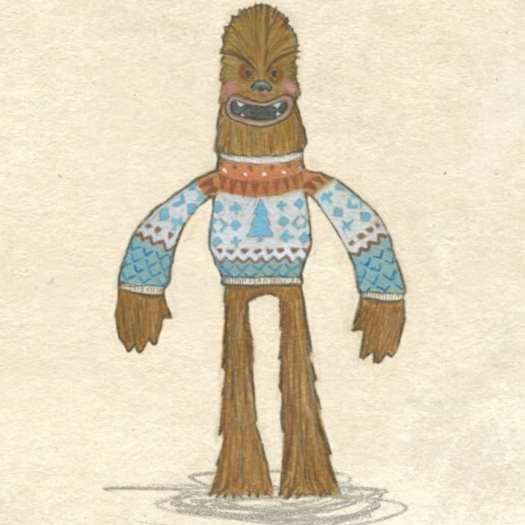 Illustration of a wookie wearing a patterned sweater on a beige background.