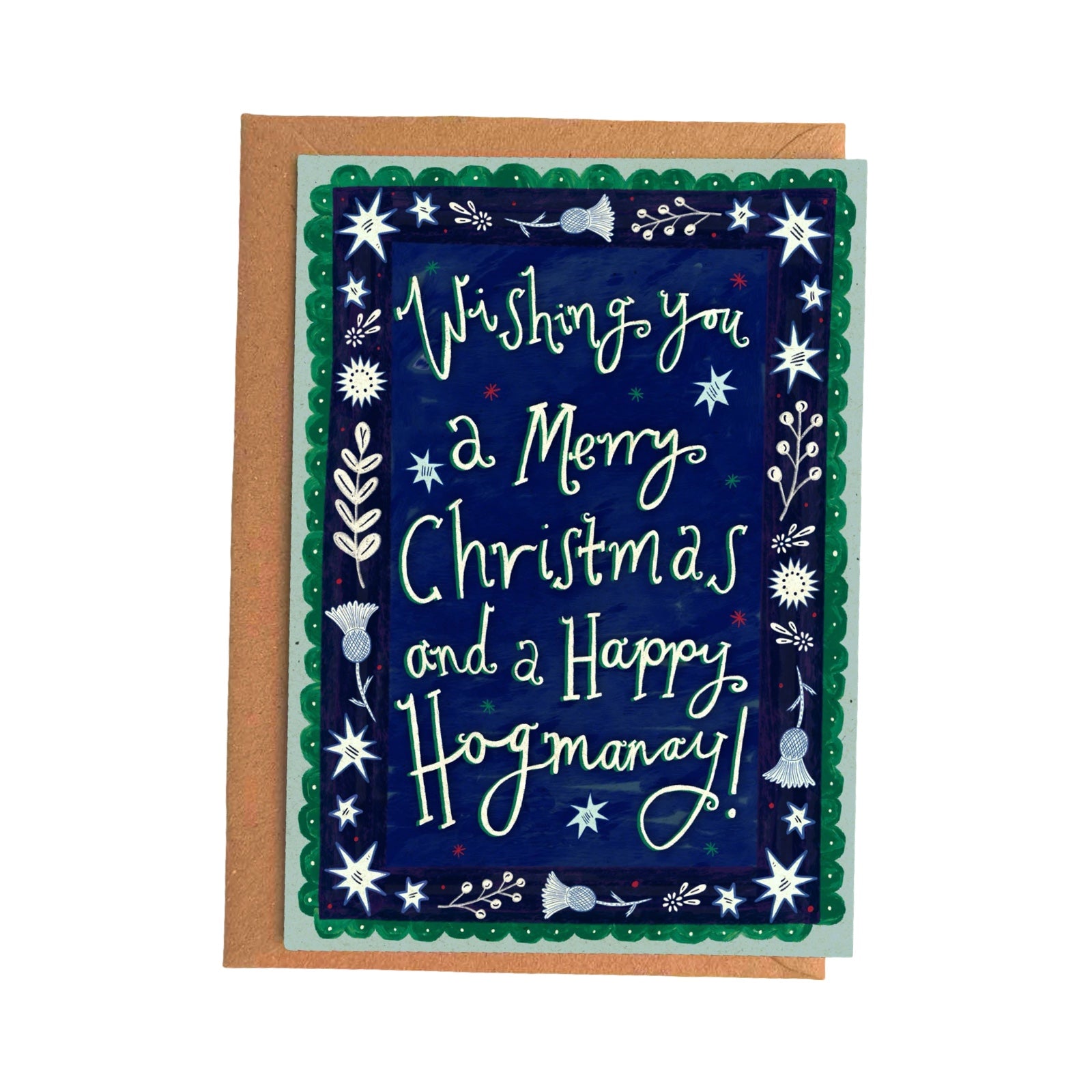 Card with the text Wishing you a Merry Christmas and a Happy Hogmanay! on. a blue background with white stars and a green boarder.