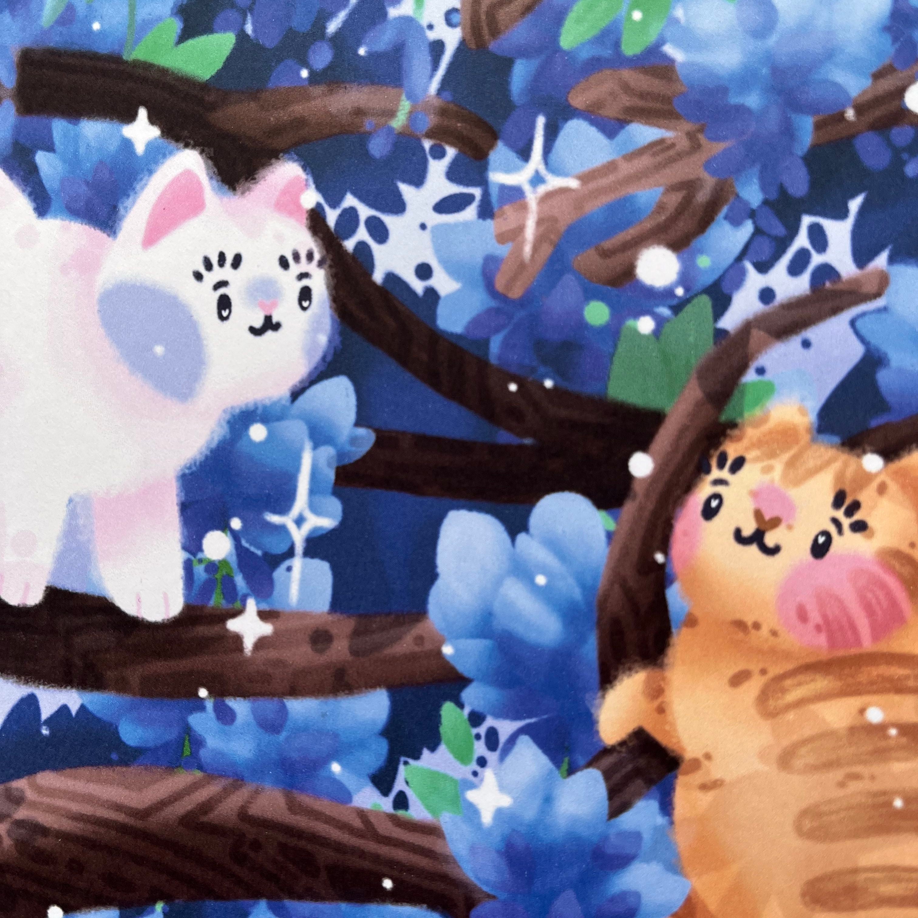 Close up photo of an art print of an illustration of two cats (white, left, and ginger, right) in wisteria trees.