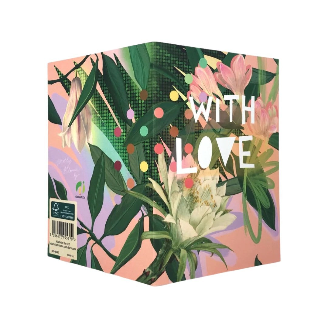 Love card featuring an abstract botanical collage in pink and green with patches of black and white stripes and the text 'With Love' in white text.