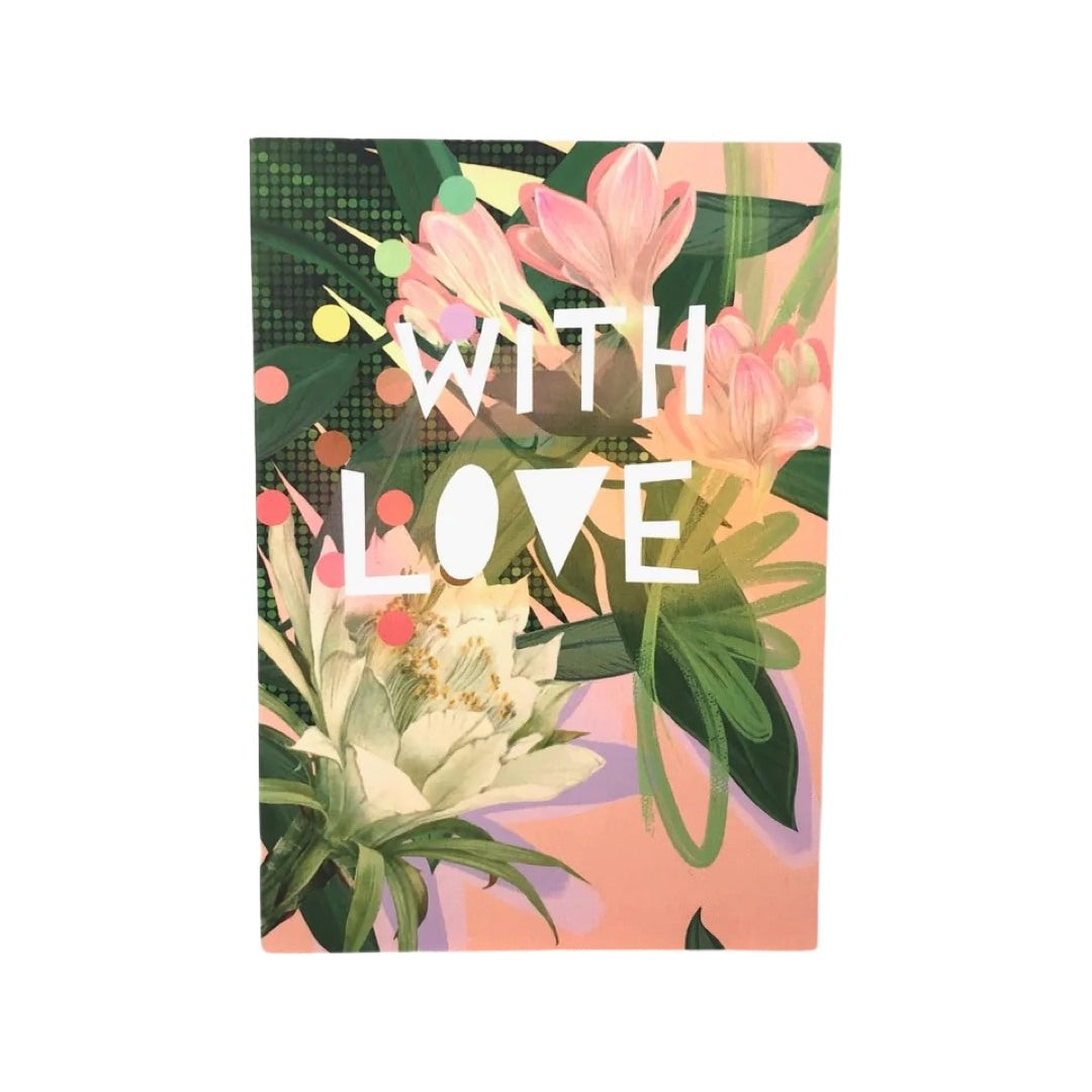 Love card featuring an abstract botanical collage in pink and green with patches of black and white stripes and the text 'With Love' in white text.