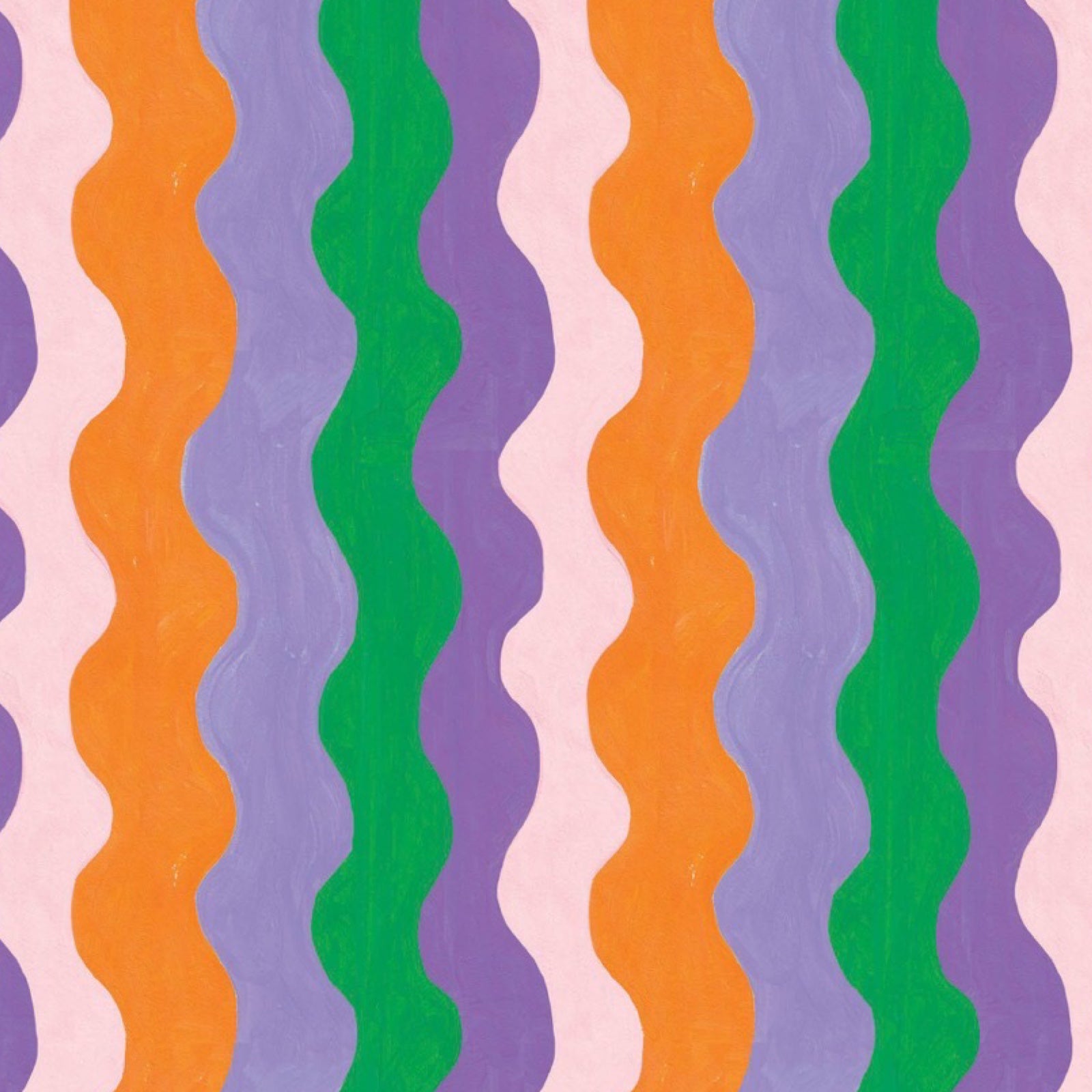 A single sheet of wrapping paper featuring colourful wiggles in green, orange, pale pink and purple.