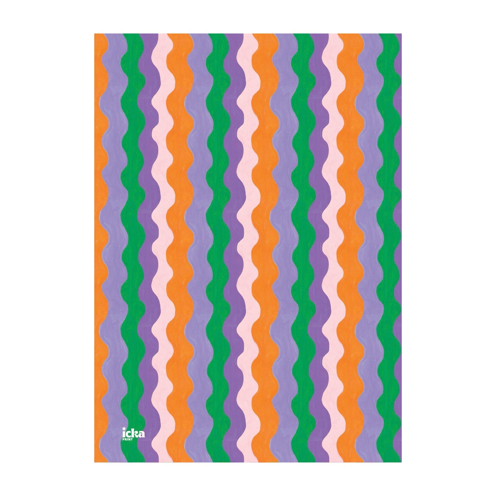 A single sheet of wrapping paper featuring colourful wiggles in green, orange, pale pink and purple.