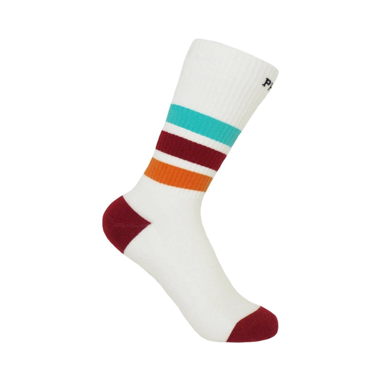 A single white crew sock with horizontal stripes in teal, burgundy, and orange, featuring a burgundy heel and toe, shown against a plain white background.